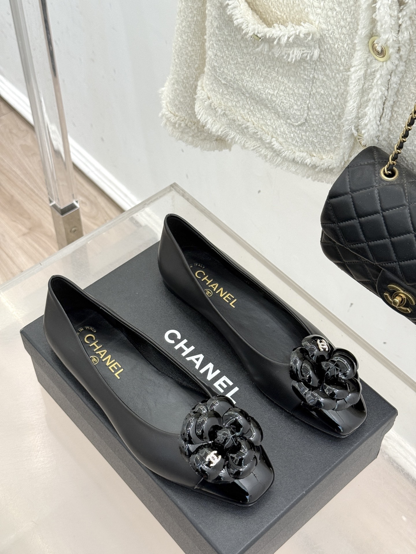 Chanel Black Lambskin Ballet Flats with Camellia Flower Detail