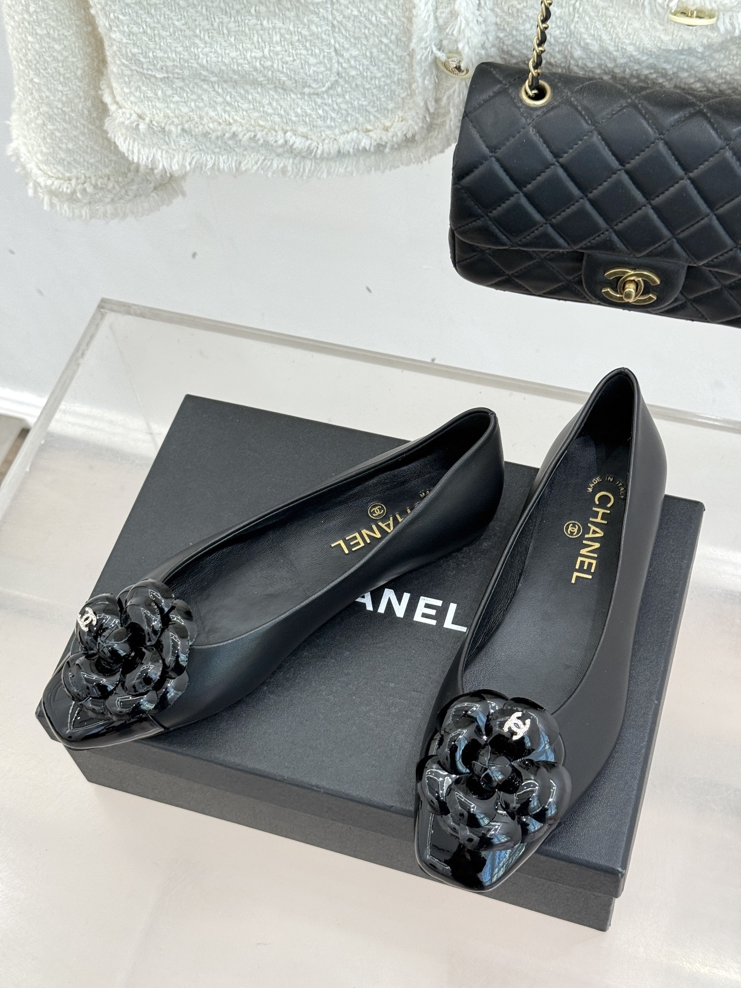 Chanel Black Lambskin Ballet Flats with Camellia Flower Detail