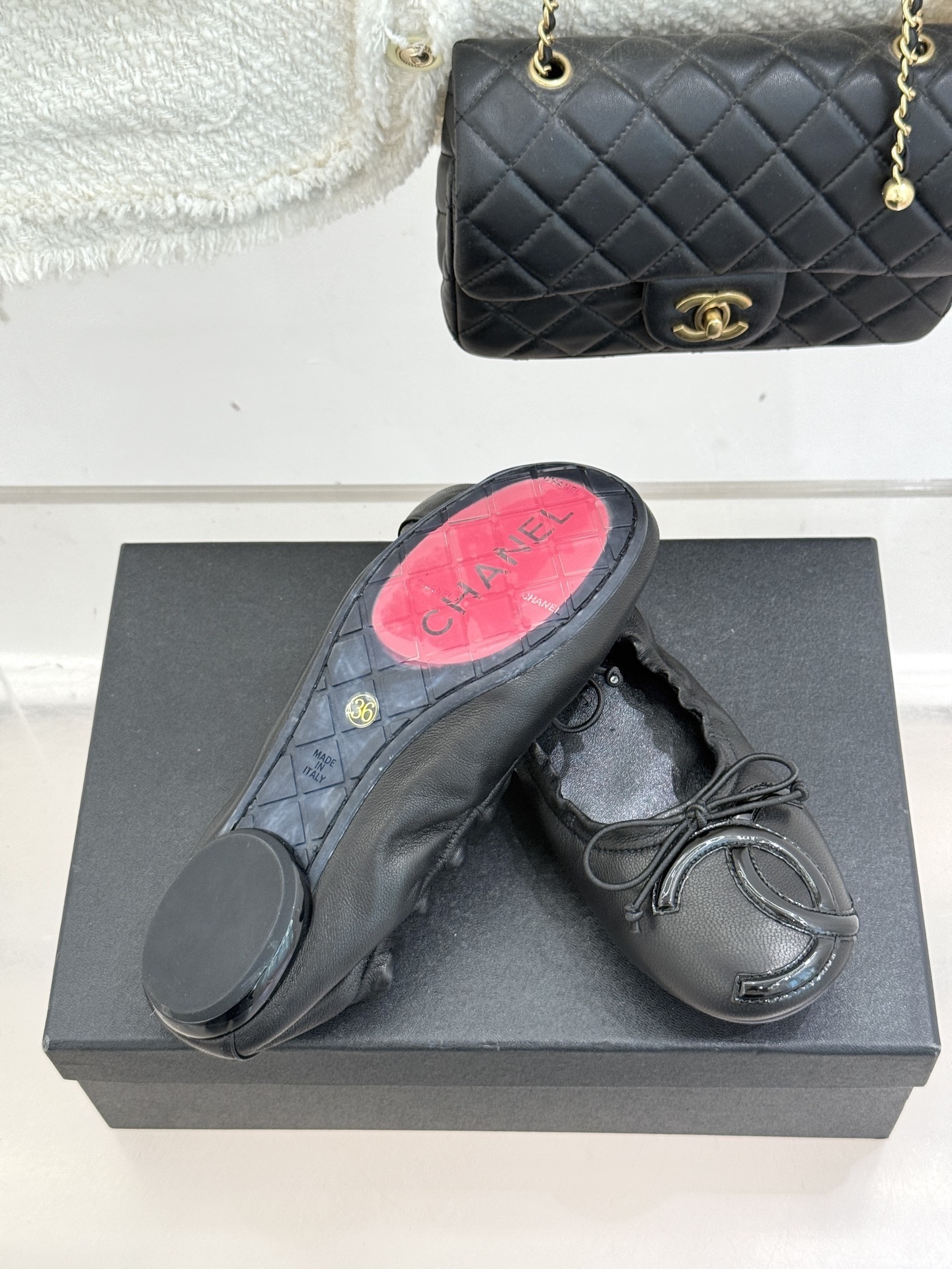 Chanel Black Leather Ballet Flats with CC Logo and Bow