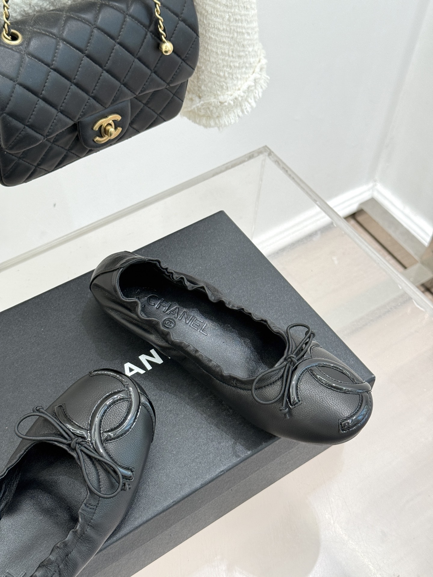 Chanel Black Leather Ballet Flats with CC Logo and Bow