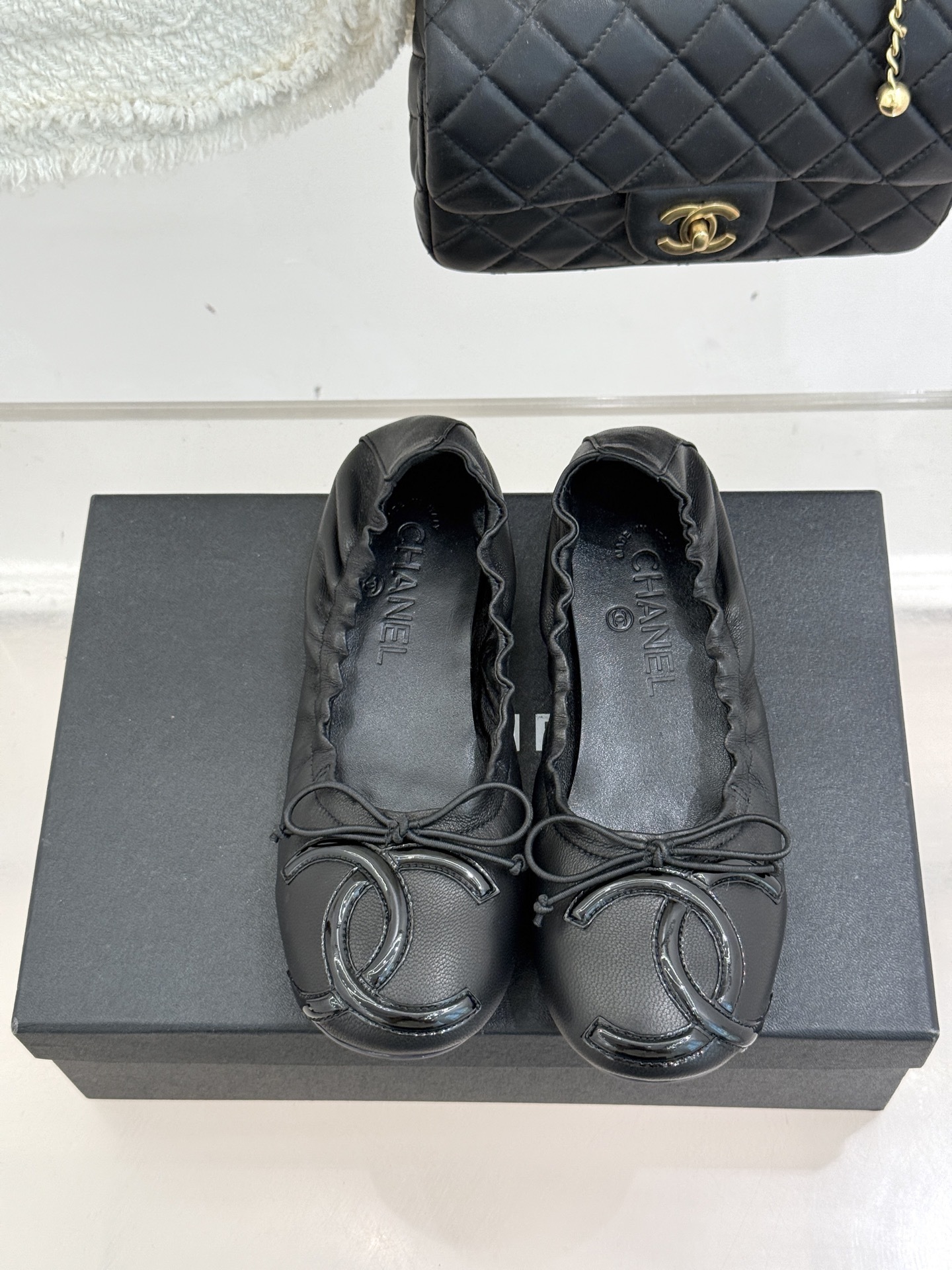Chanel Black Leather Ballet Flats with CC Logo and Bow