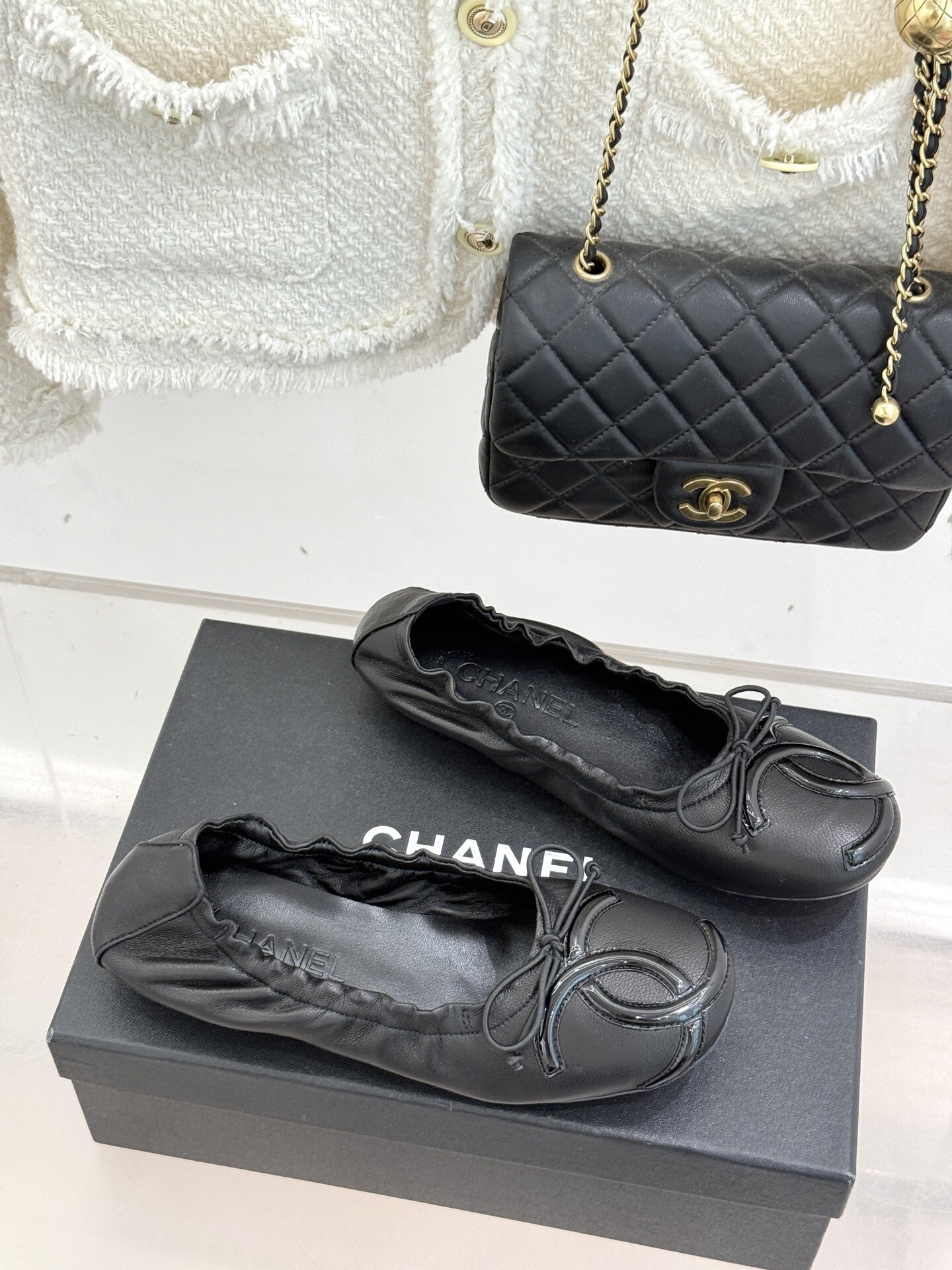 Chanel Black Leather Ballet Flats with CC Logo and Bow