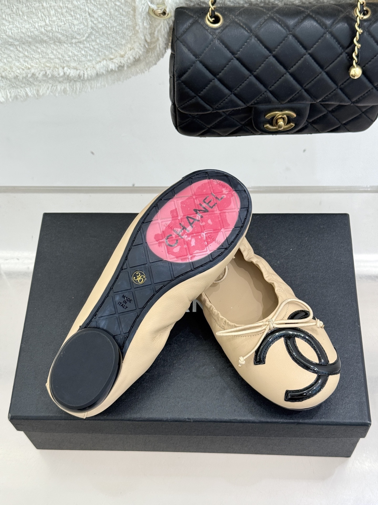 Chanel Lambskin Ballerina Flats - Beige & Black CC Logo