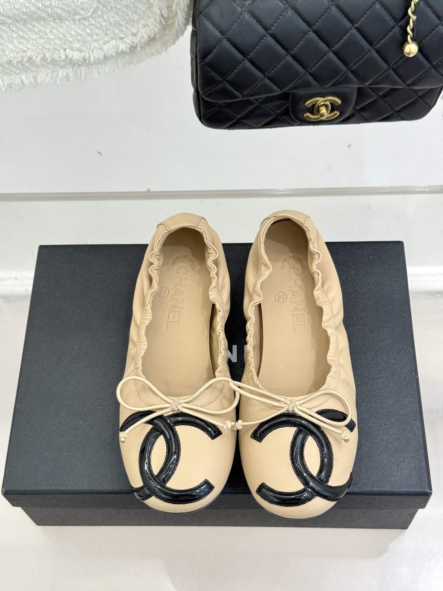 Chanel Lambskin Ballerina Flats - Beige & Black CC Logo