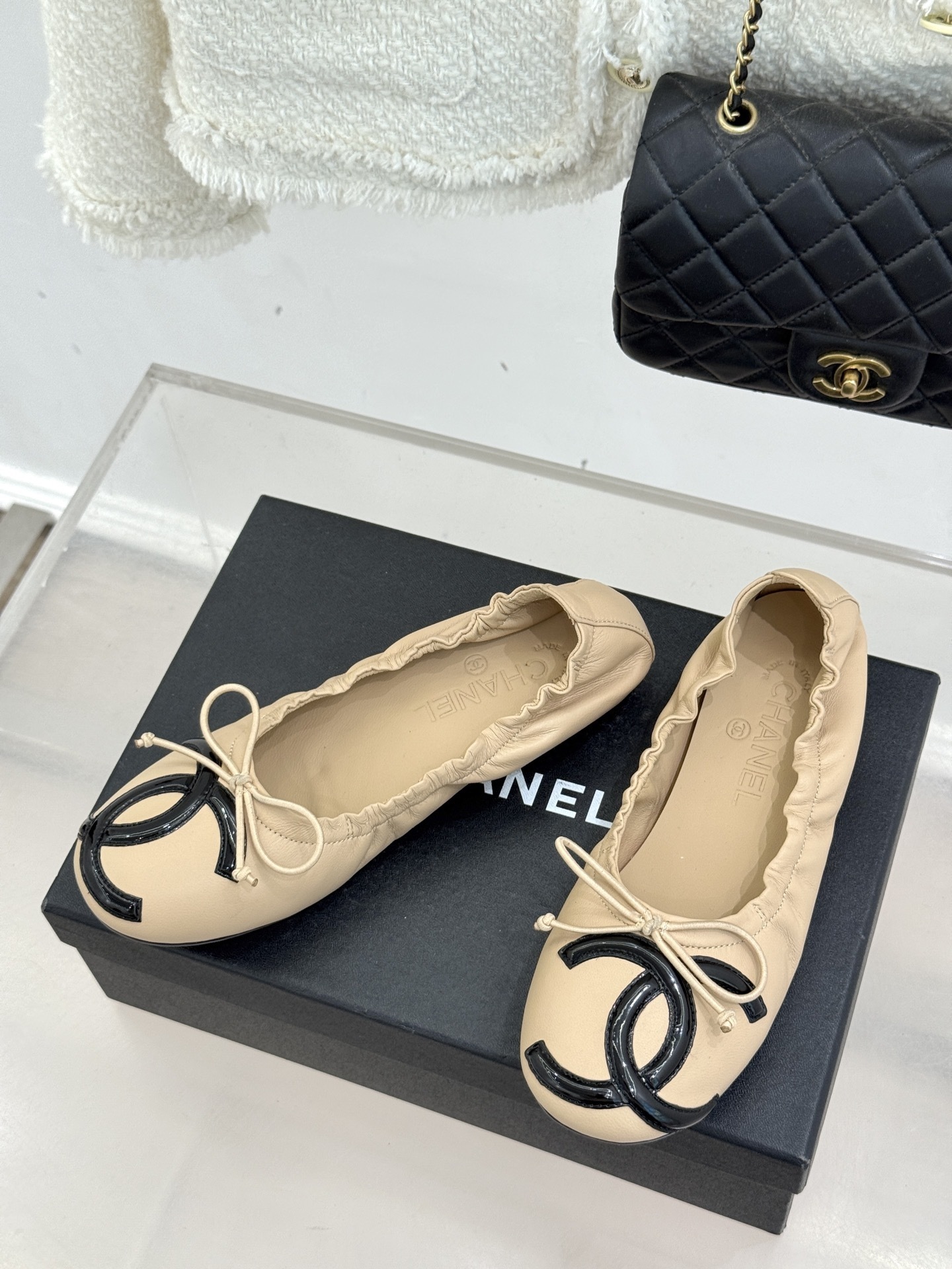 Chanel Lambskin Ballerina Flats - Beige & Black CC Logo