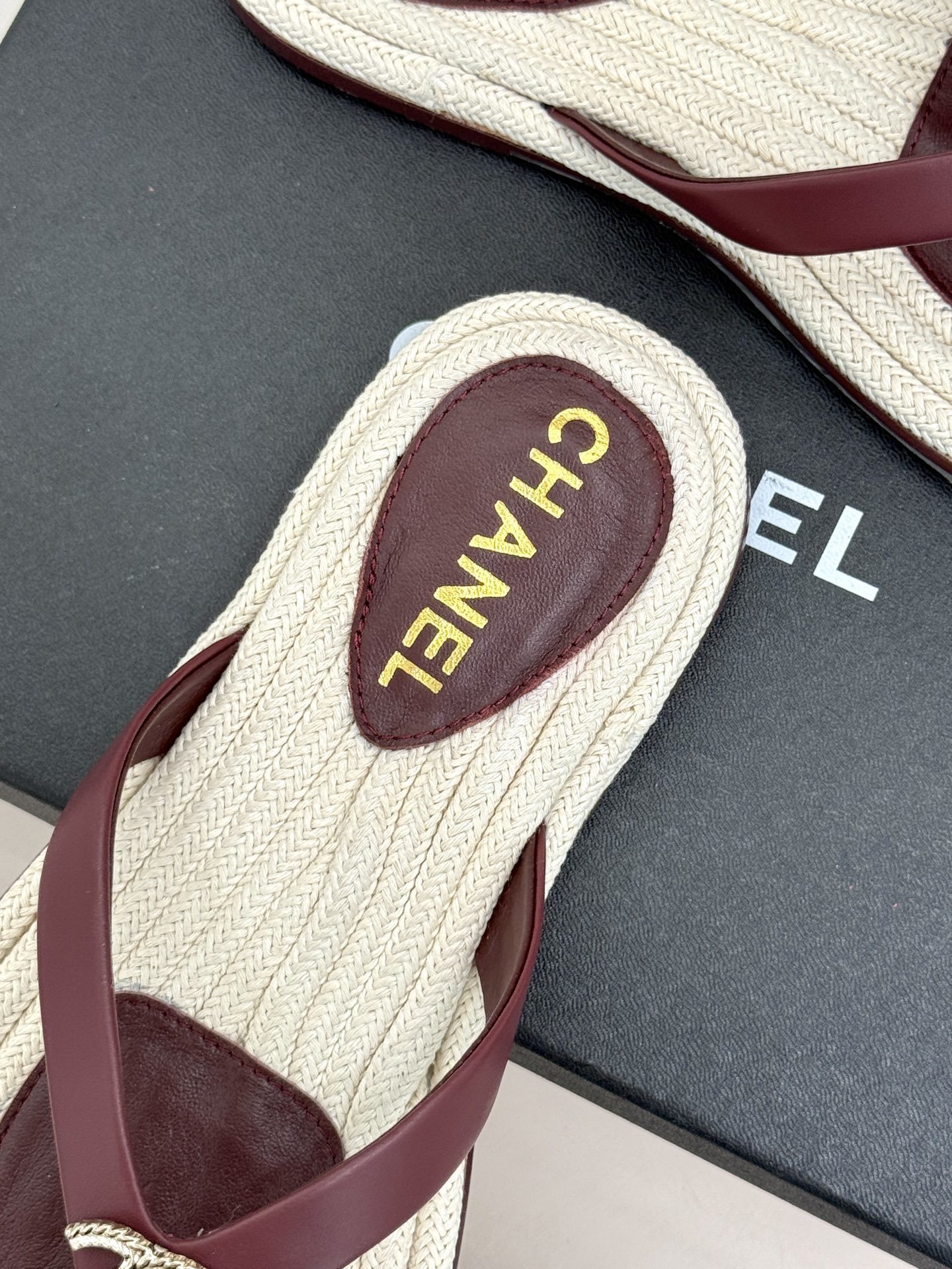 Chanel Burgundy Leather Thong Sandals with Gold CC Logo