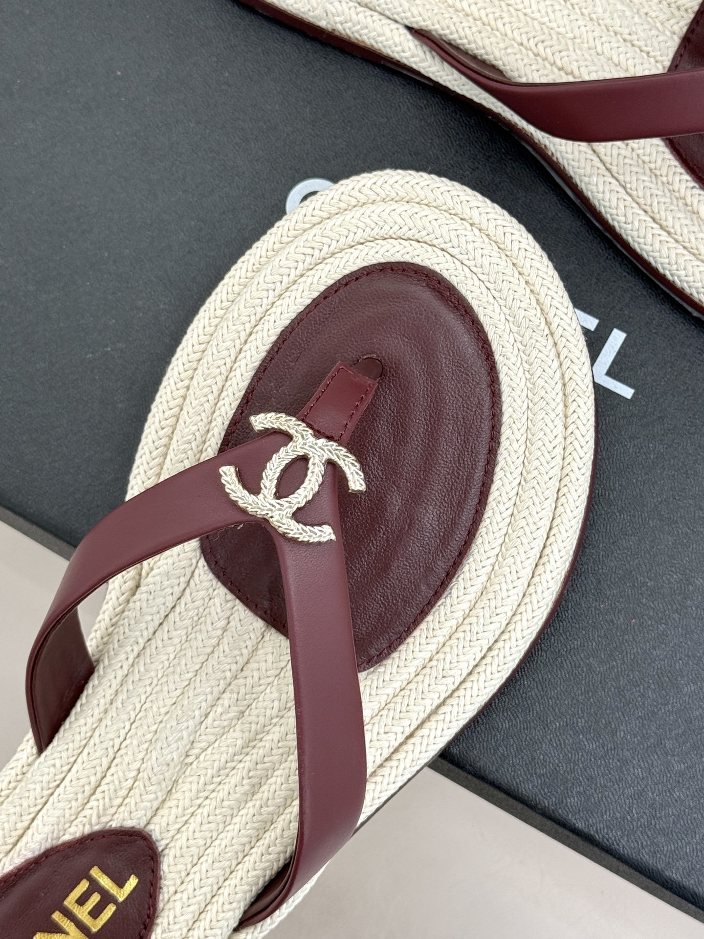 Chanel Burgundy Leather Thong Sandals with Gold CC Logo