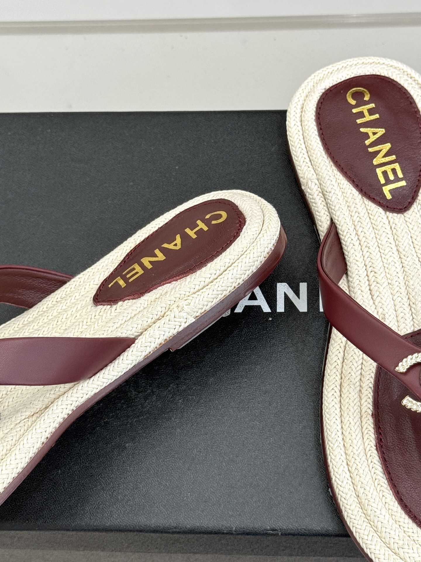 Chanel Burgundy Leather Thong Sandals with Gold CC Logo