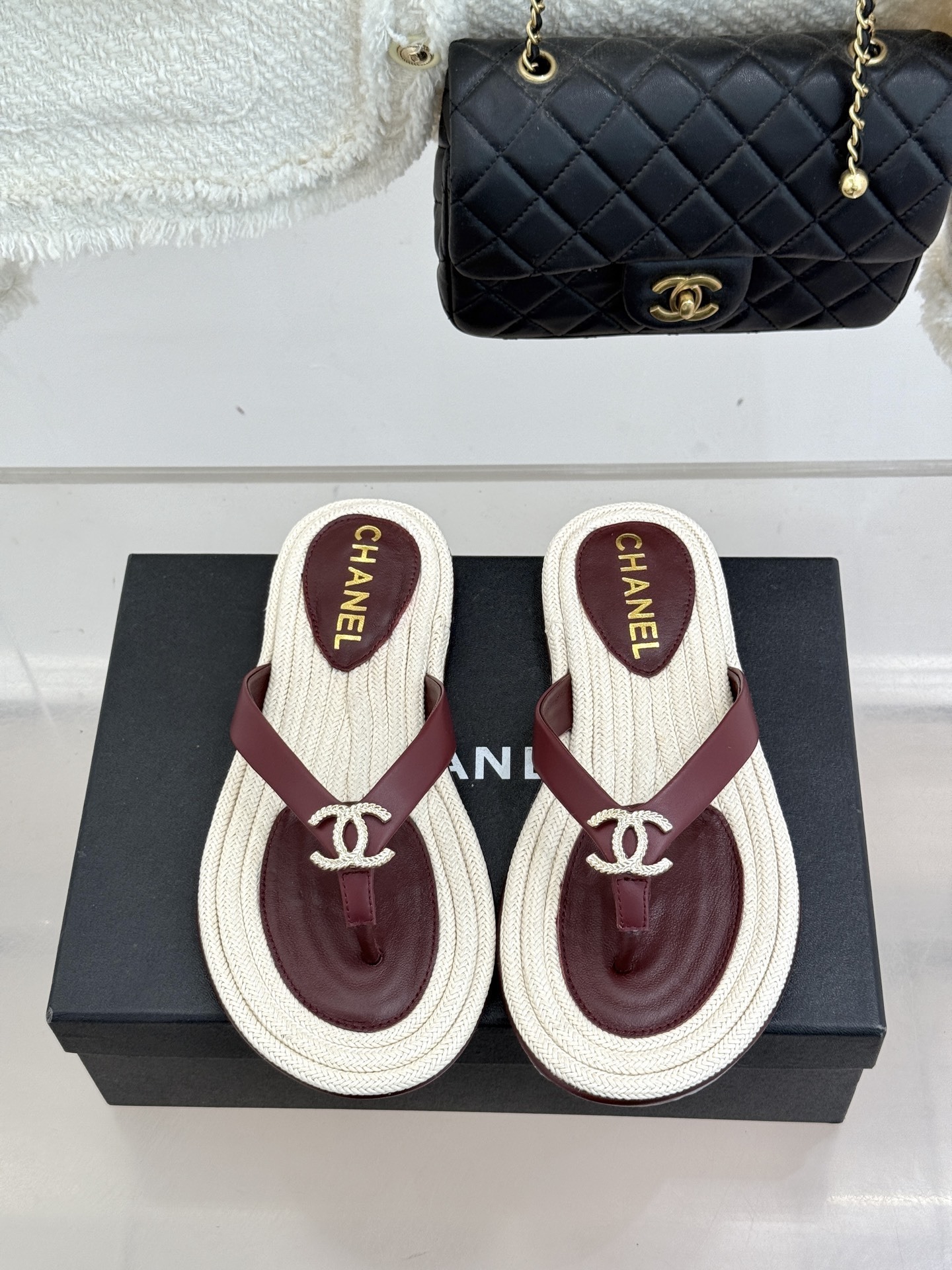 Chanel Burgundy Leather Thong Sandals with Gold CC Logo