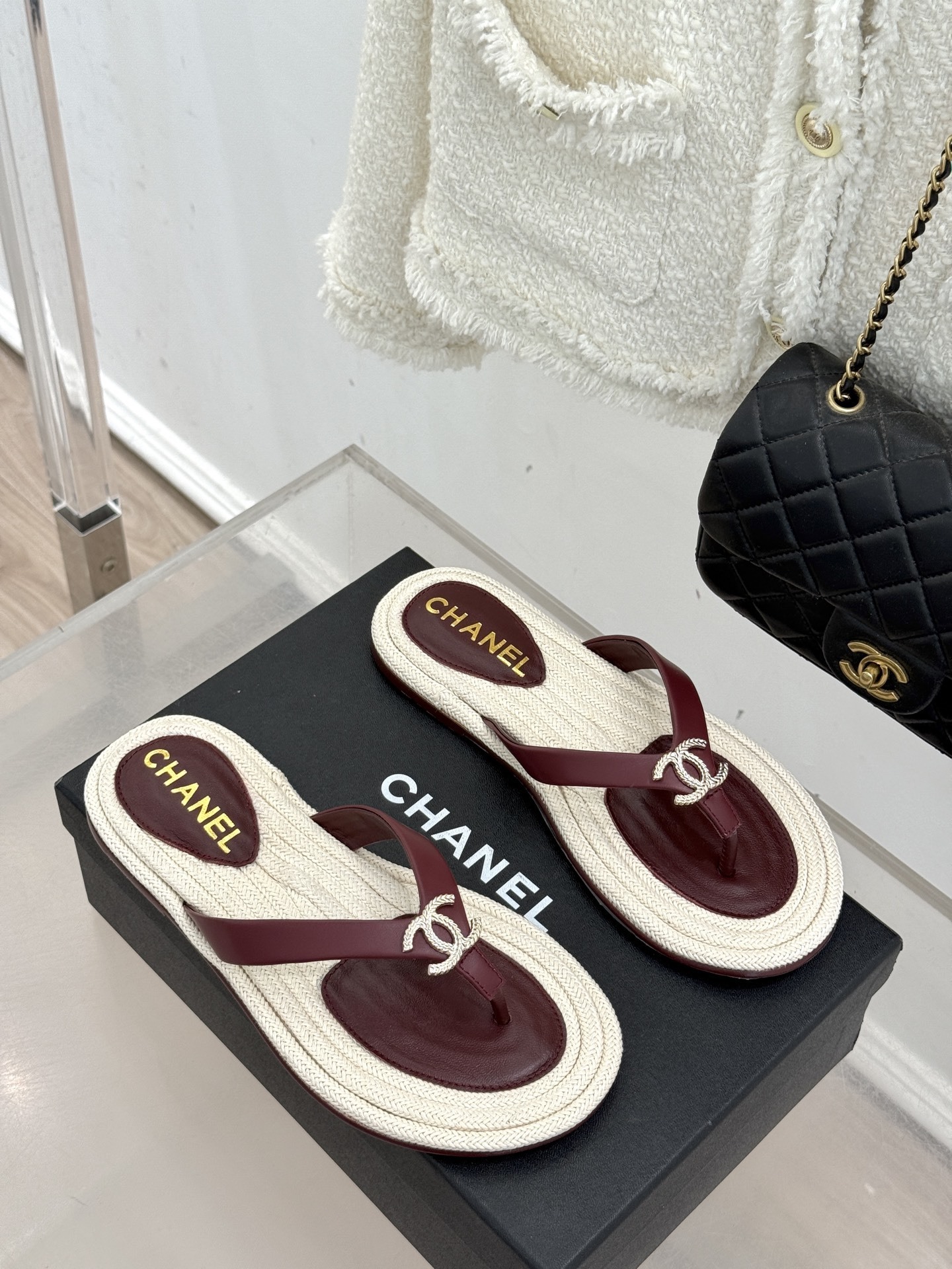 Chanel Burgundy Leather Thong Sandals with Gold CC Logo