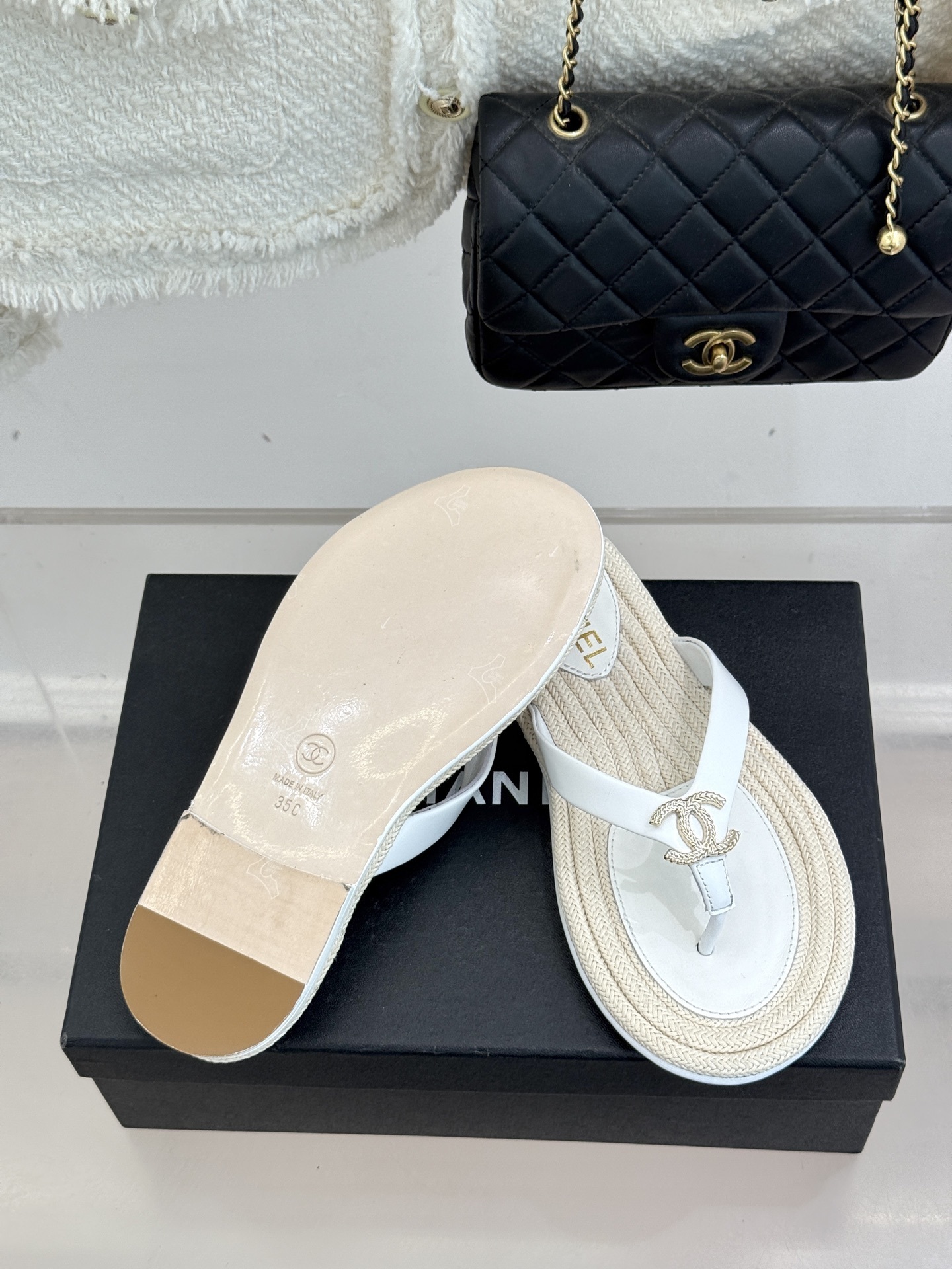 Chanel White Leather Thong Sandals with Woven Sole & CC Logo