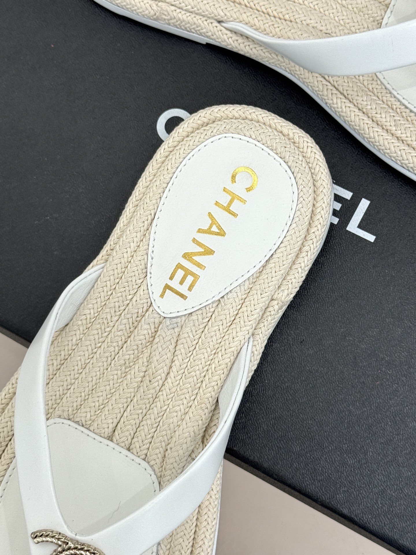Chanel White Leather Thong Sandals with Woven Sole & CC Logo