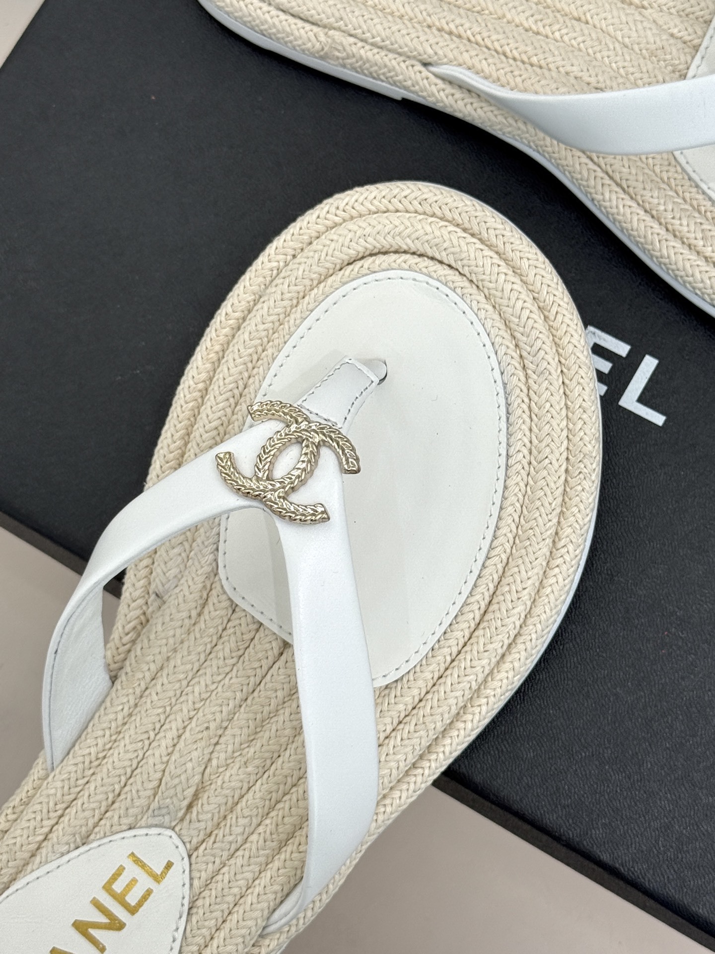 Chanel White Leather Thong Sandals with Woven Sole & CC Logo