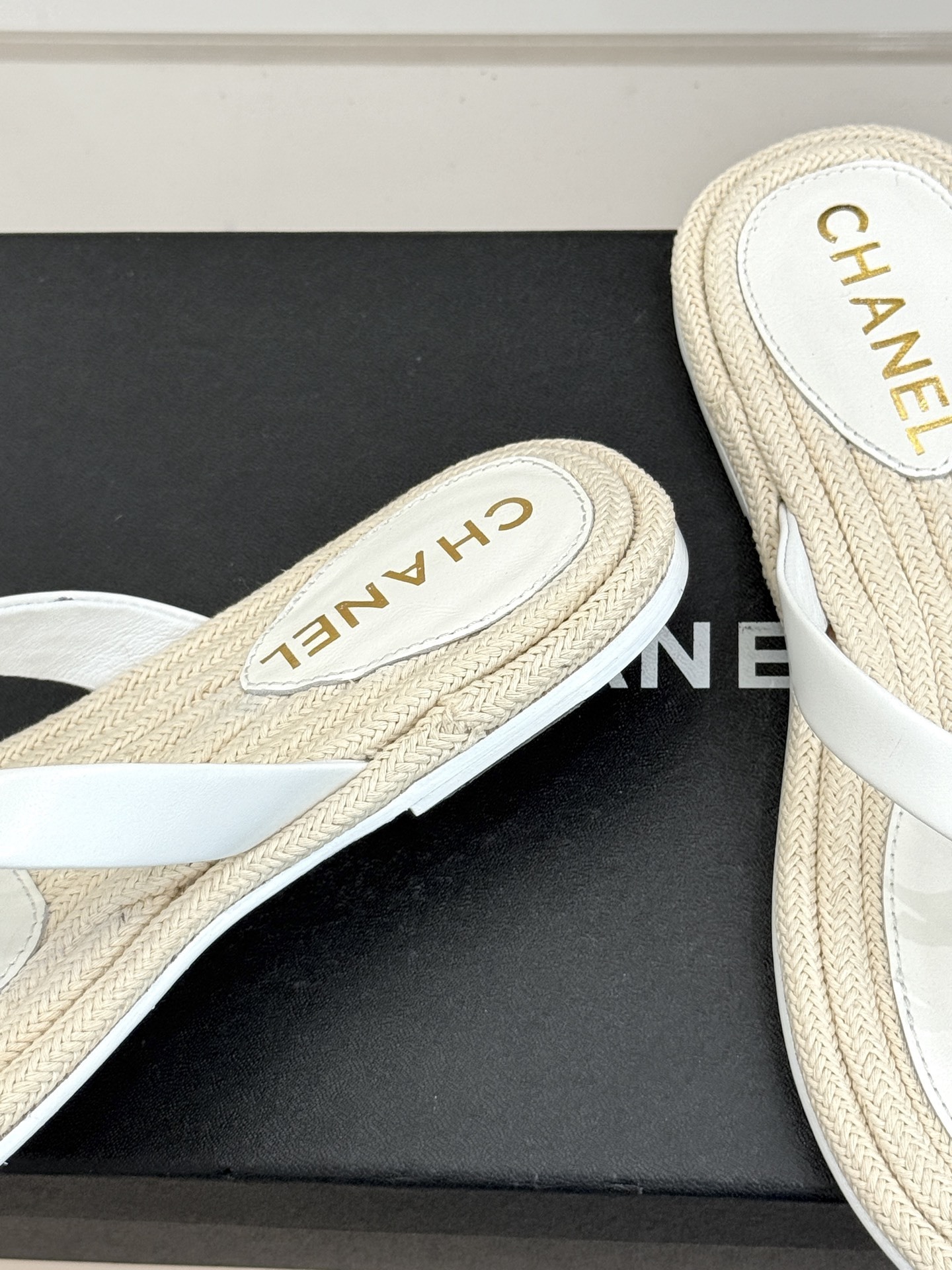 Chanel White Leather Thong Sandals with Woven Sole & CC Logo