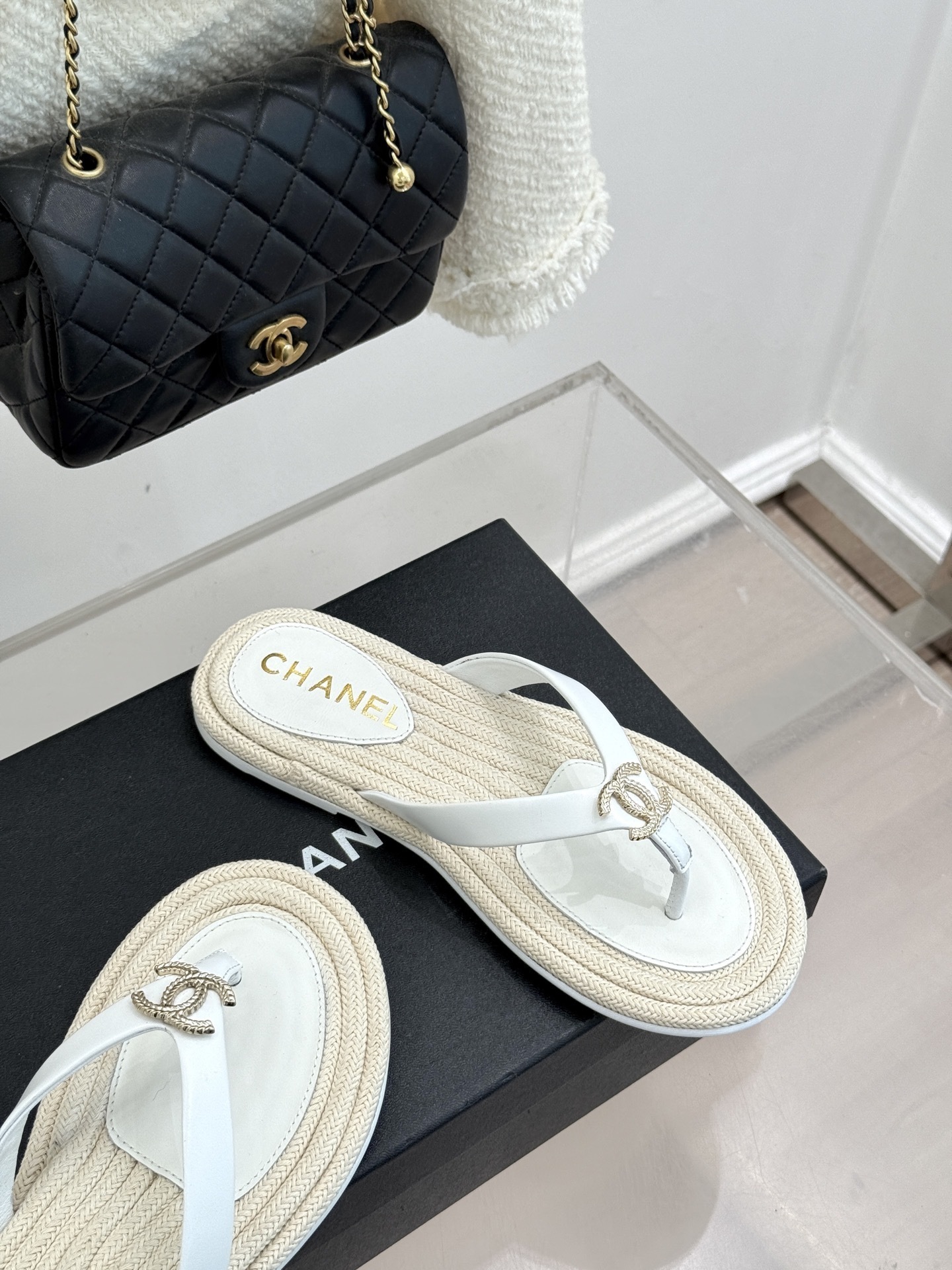 Chanel White Leather Thong Sandals with Woven Sole & CC Logo