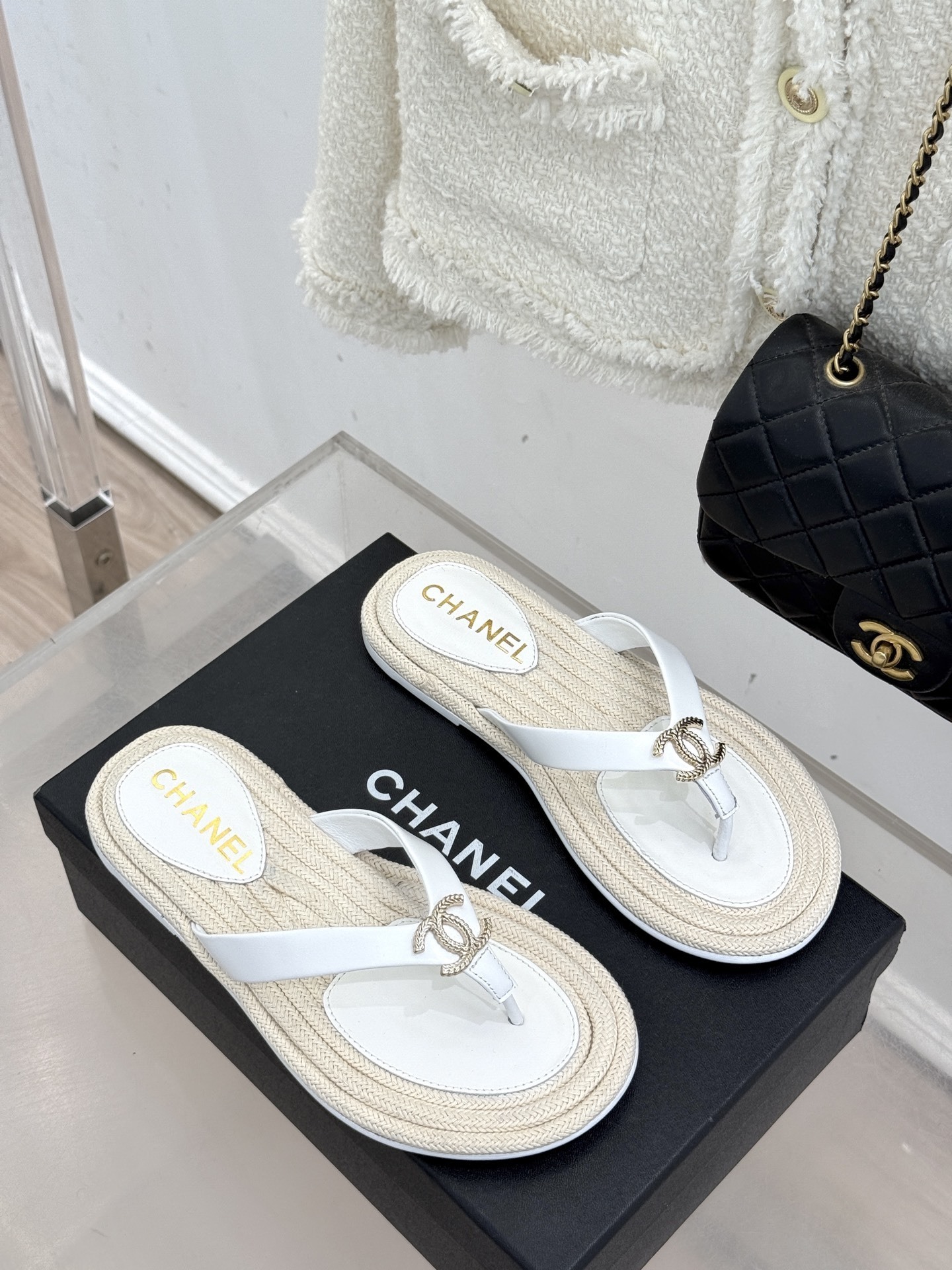 Chanel White Leather Thong Sandals with Woven Sole & CC Logo