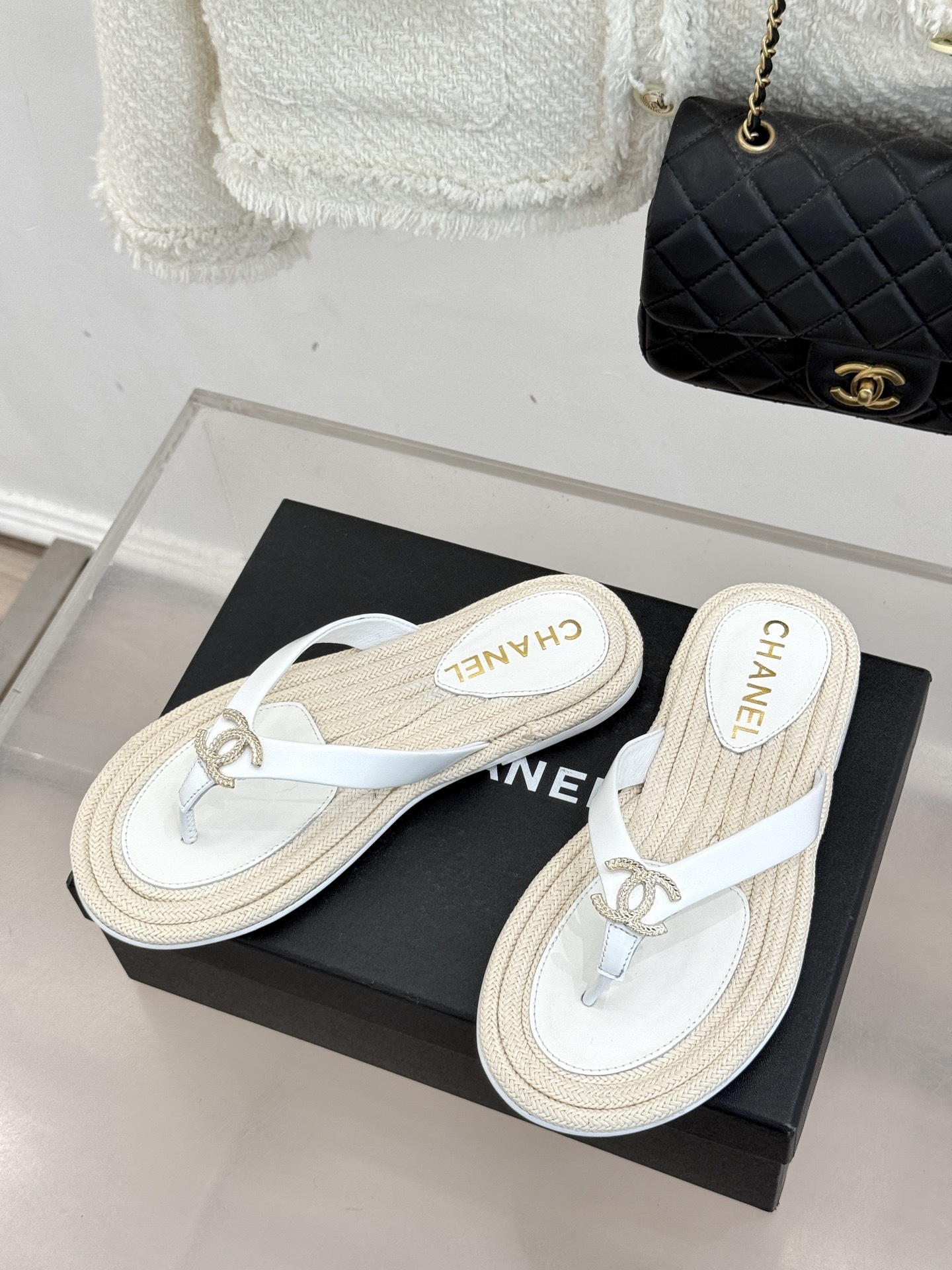 Chanel White Leather Thong Sandals with Woven Sole & CC Logo