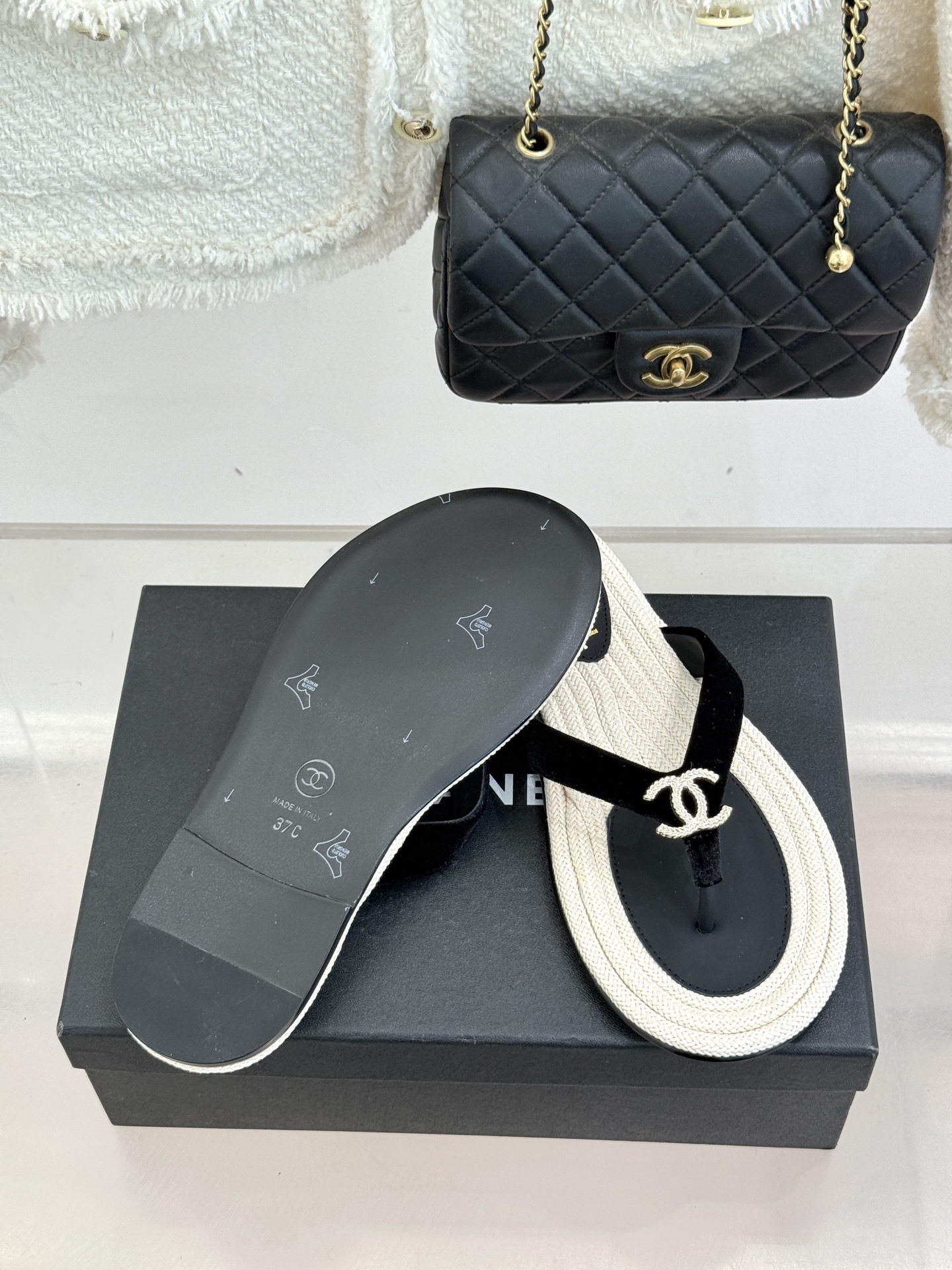 Chanel Luxury Velvet Thong Sandals - Black & Beige CC Logo Flip-Flops