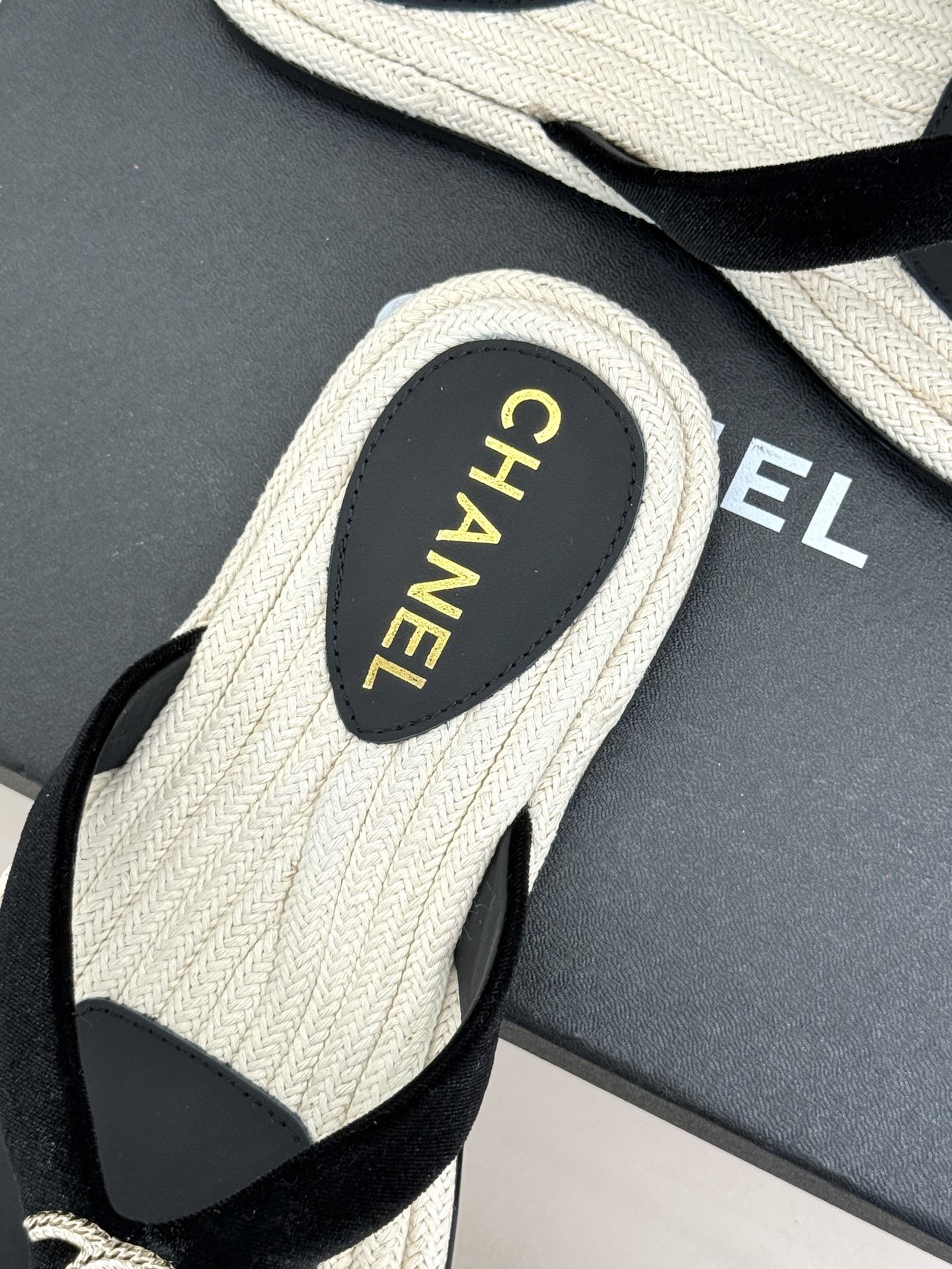 Chanel Luxury Velvet Thong Sandals - Black & Beige CC Logo Flip-Flops