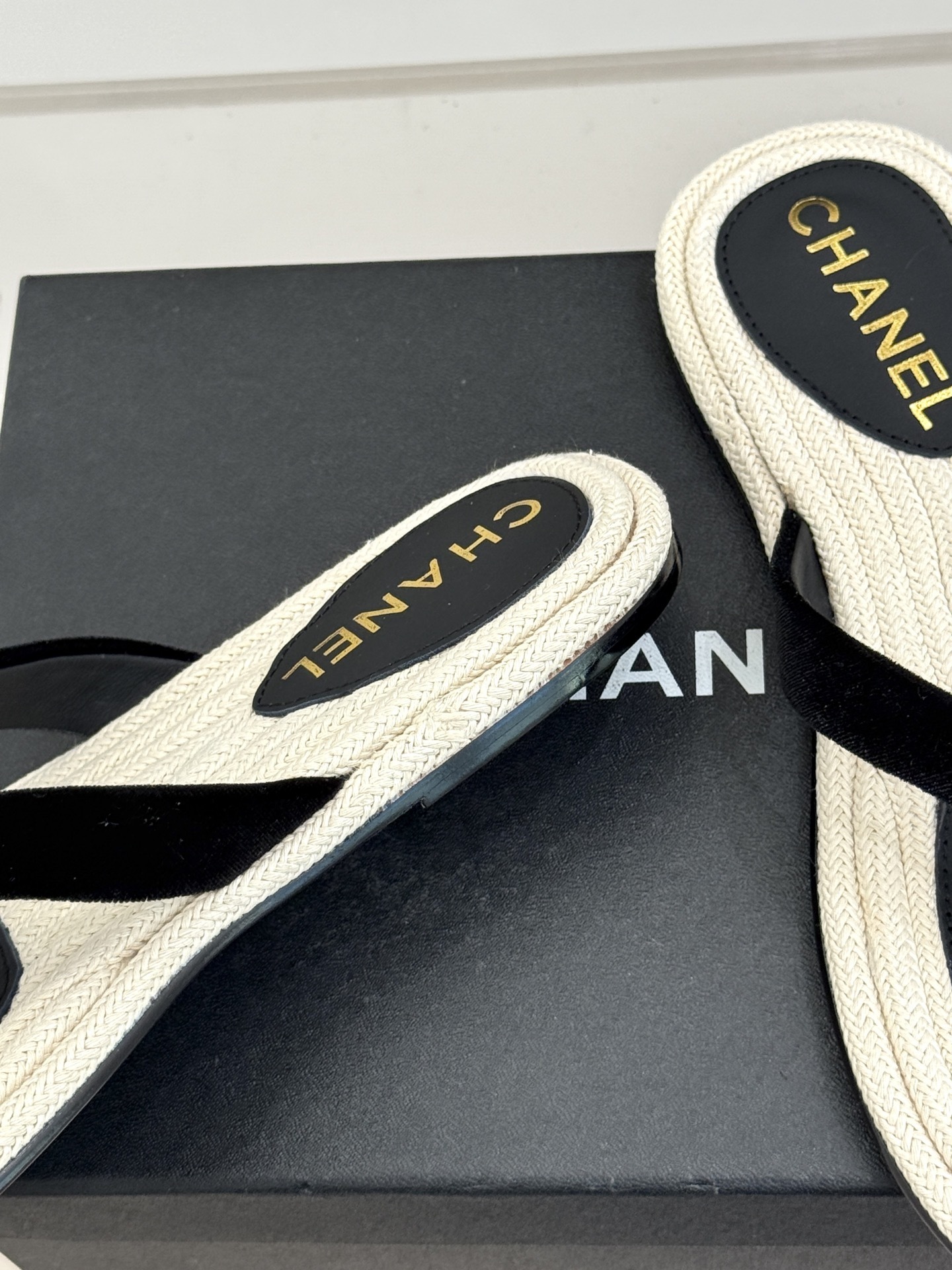 Chanel Luxury Velvet Thong Sandals - Black & Beige CC Logo Flip-Flops
