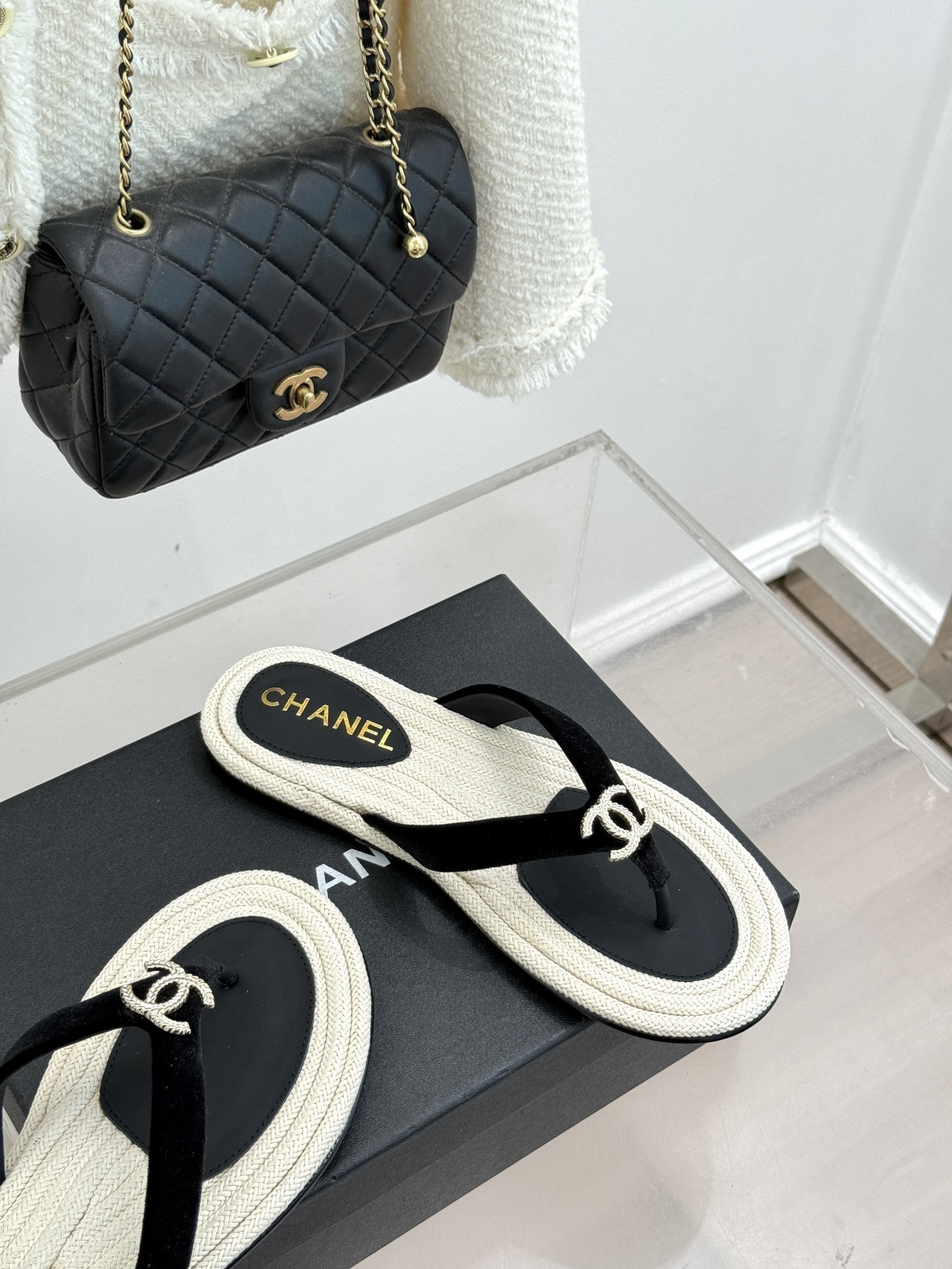 Chanel Luxury Velvet Thong Sandals - Black & Beige CC Logo Flip-Flops