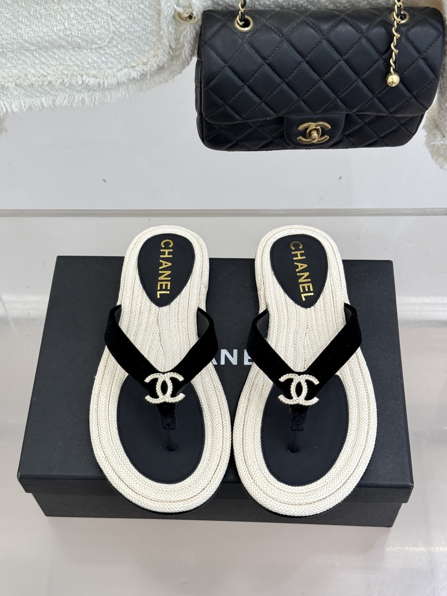 Chanel Luxury Velvet Thong Sandals - Black & Beige CC Logo Flip-Flops