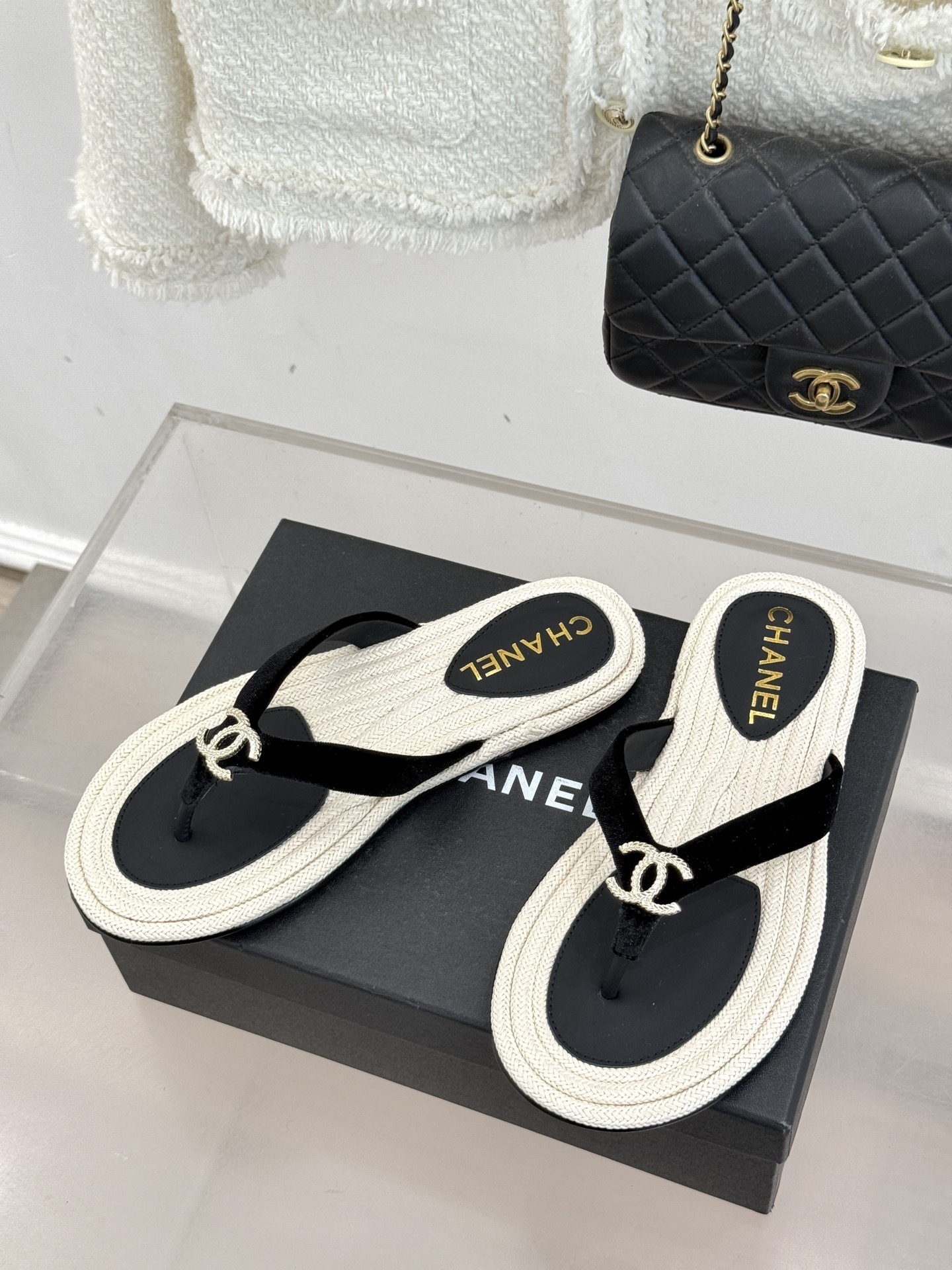 Chanel Luxury Velvet Thong Sandals - Black & Beige CC Logo Flip-Flops