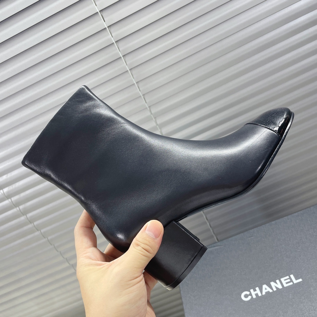 Women's Elegant Black Leather Ankle Boots with Patent Toe & Block Heel