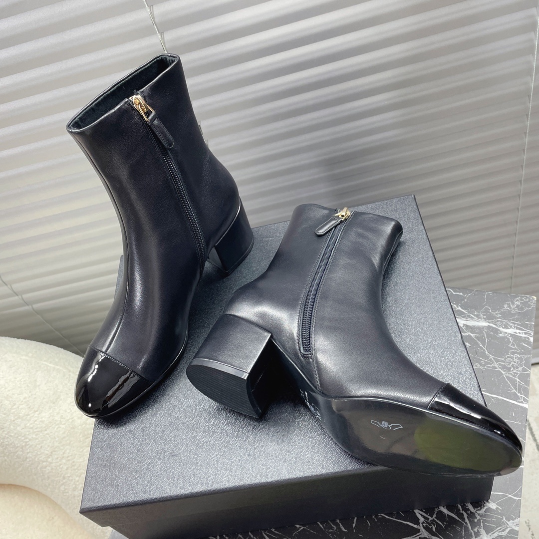 Women's Elegant Black Leather Ankle Boots with Patent Toe & Block Heel