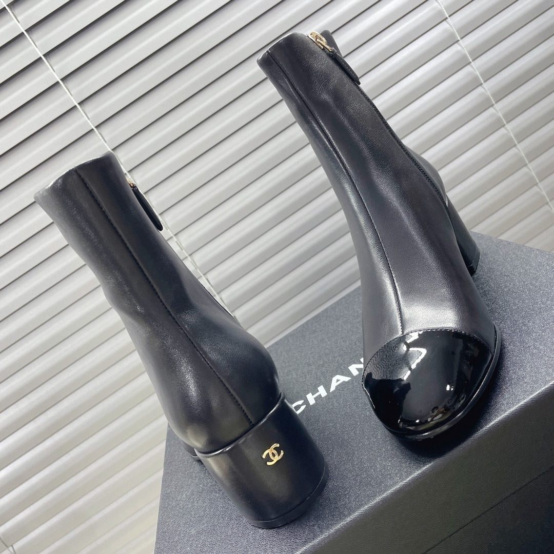 Women's Elegant Black Leather Ankle Boots with Patent Toe & Block Heel