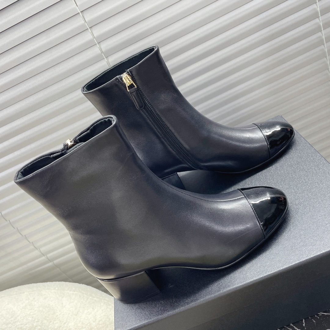 Women's Elegant Black Leather Ankle Boots with Patent Toe & Block Heel