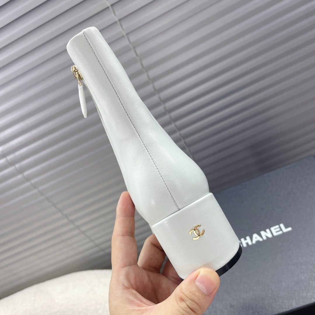 Luxury Two-Tone Leather Ankle Boots - White & Black Patent Toe