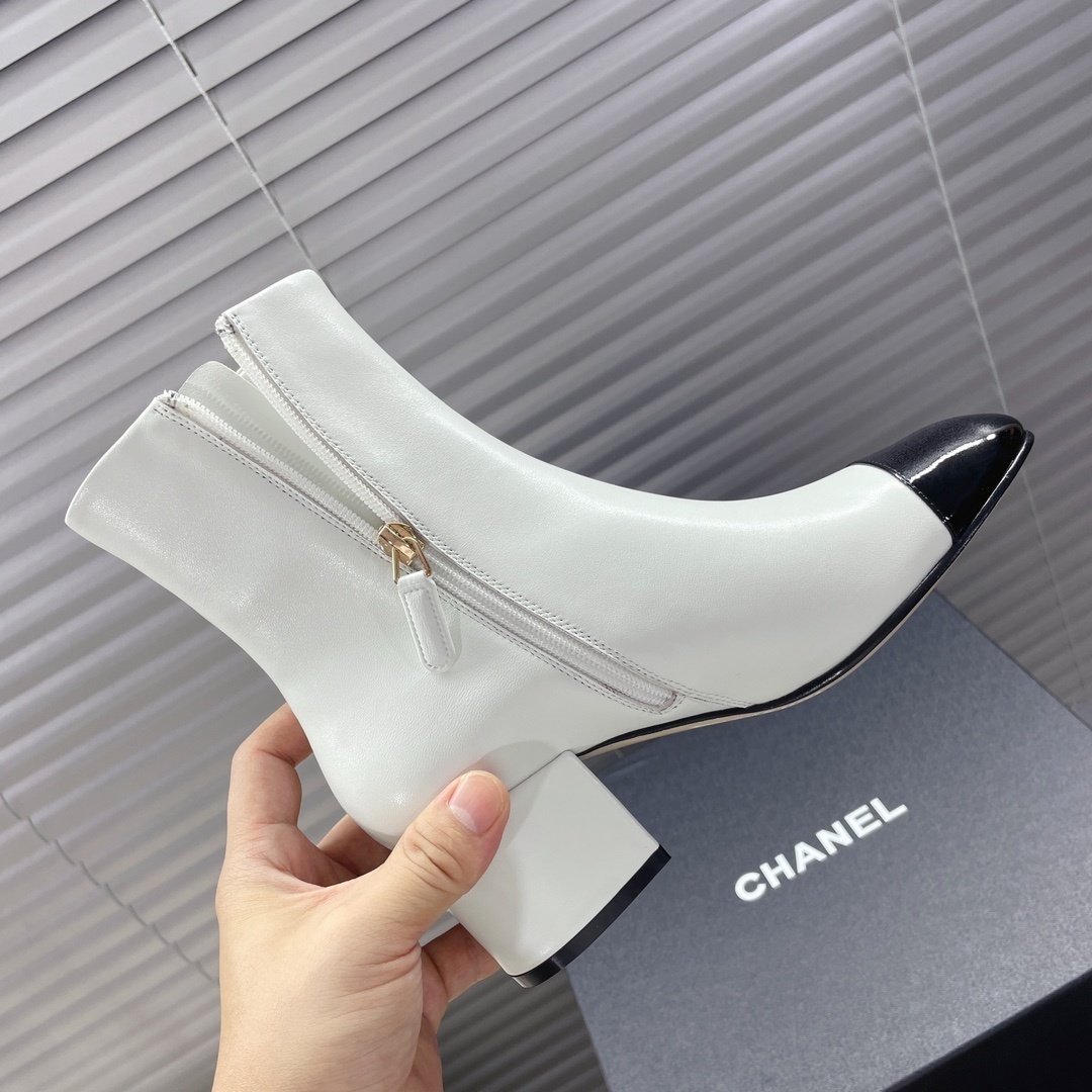 Luxury Two-Tone Leather Ankle Boots - White & Black Patent Toe