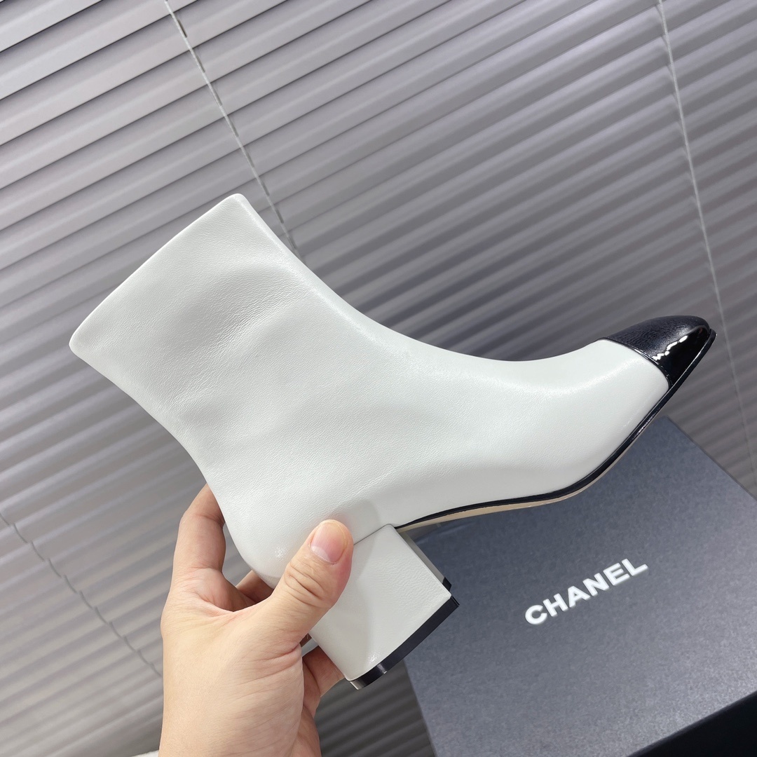 Luxury Two-Tone Leather Ankle Boots - White & Black Patent Toe