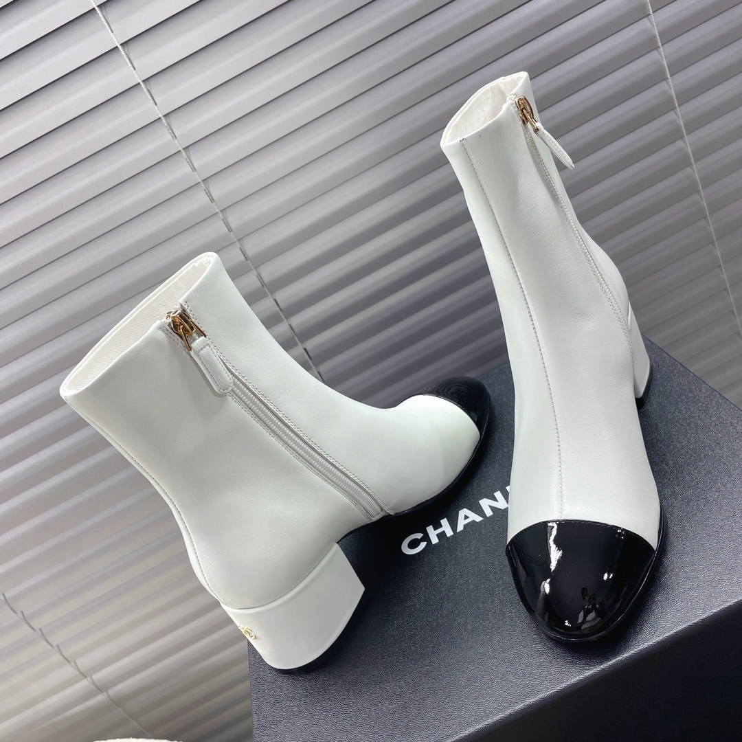 Luxury Two-Tone Leather Ankle Boots - White & Black Patent Toe