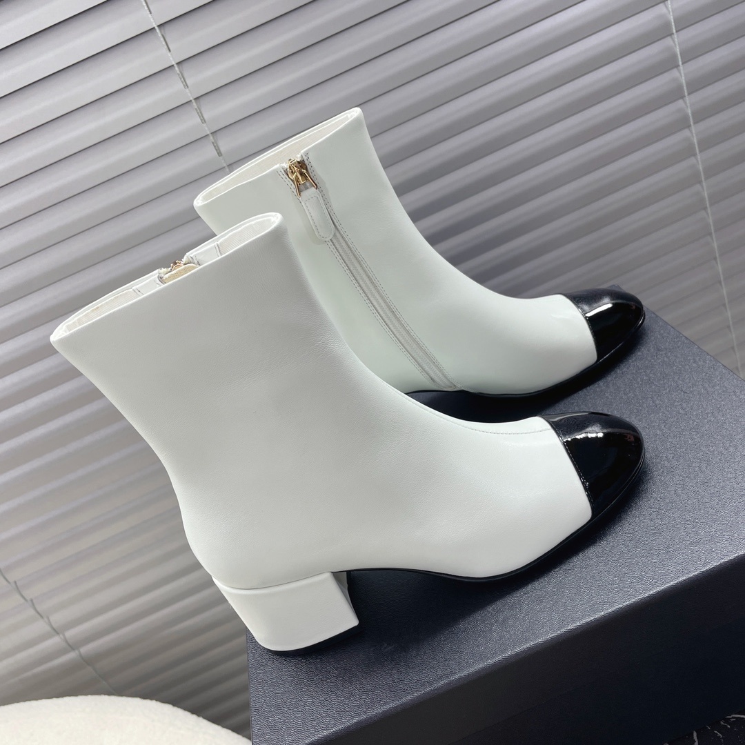 Luxury Two-Tone Leather Ankle Boots - White & Black Patent Toe