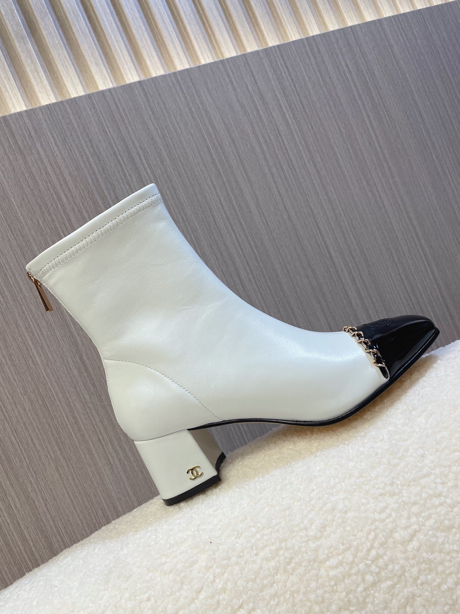 Chanel Two-Tone Leather Ankle Boots - White & Black Patent Toe