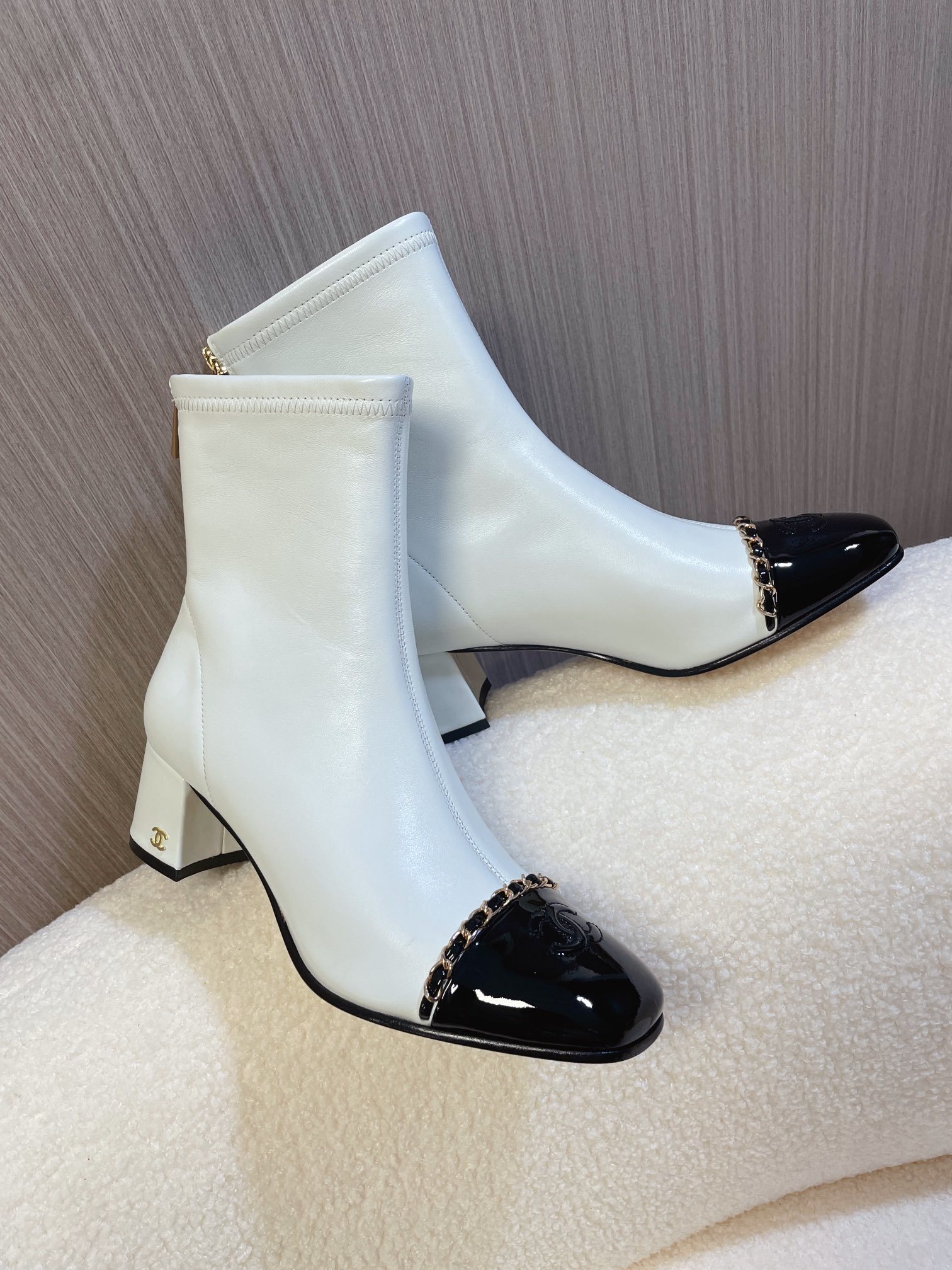 Chanel Two-Tone Leather Ankle Boots - White & Black Patent Toe