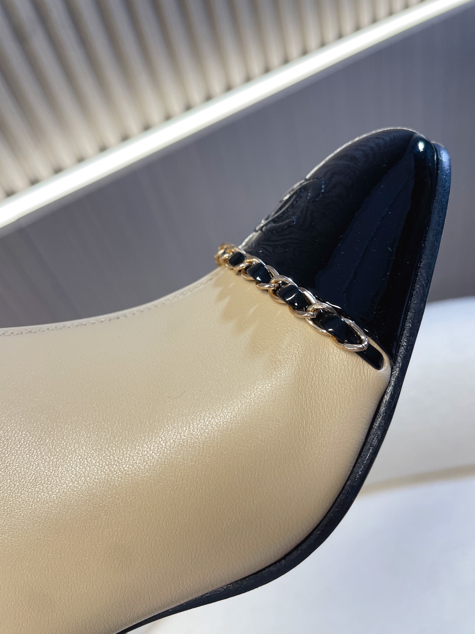 Chanel Two-Tone Beige & Black Leather Ankle Boots with Chain