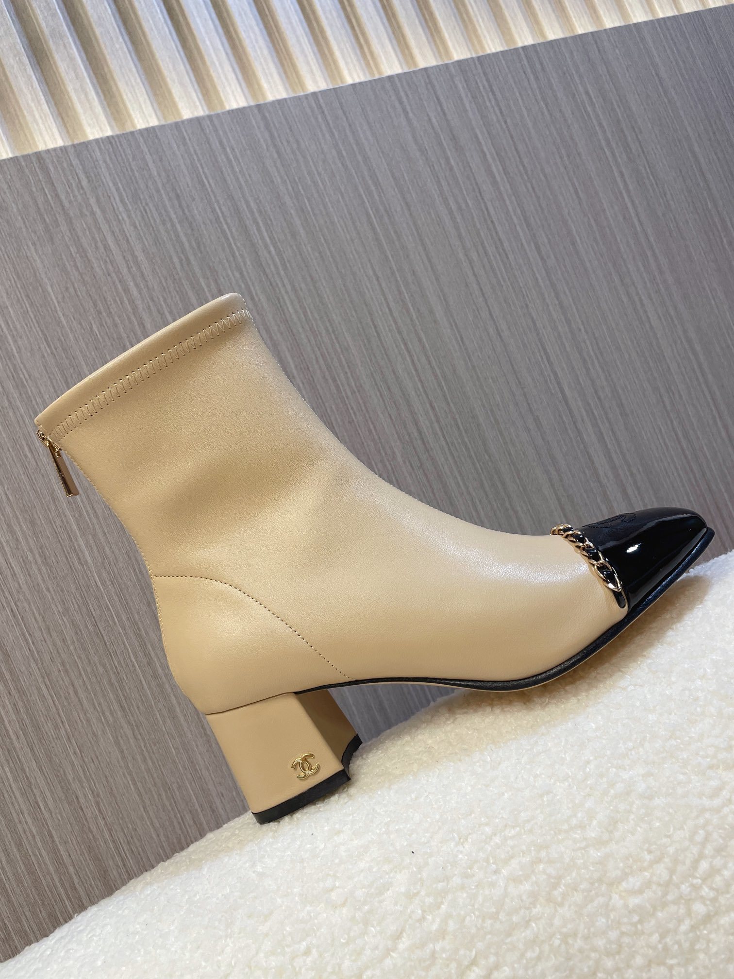 Chanel Two-Tone Beige & Black Leather Ankle Boots with Chain