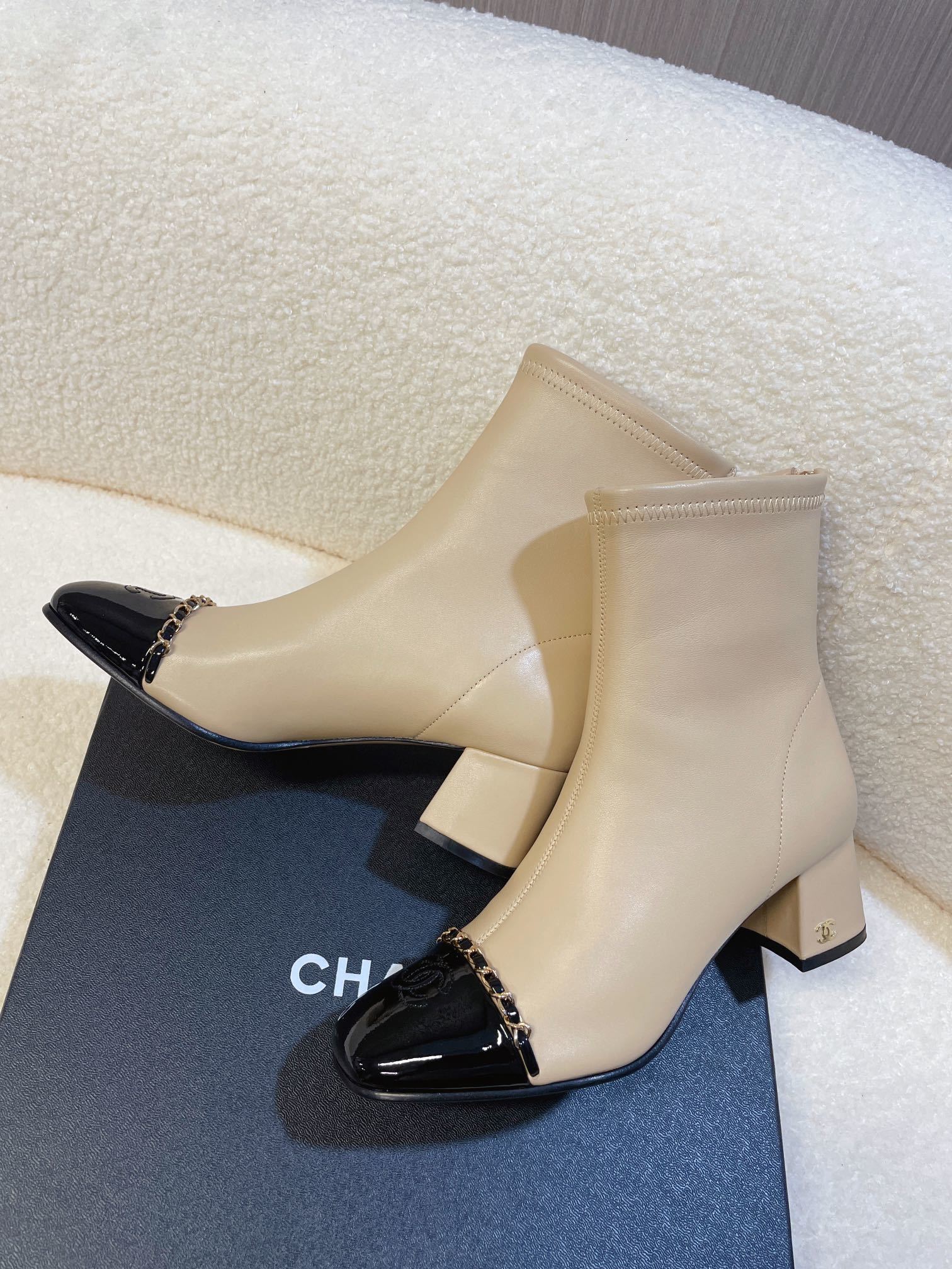 Chanel Two-Tone Beige & Black Leather Ankle Boots with Chain
