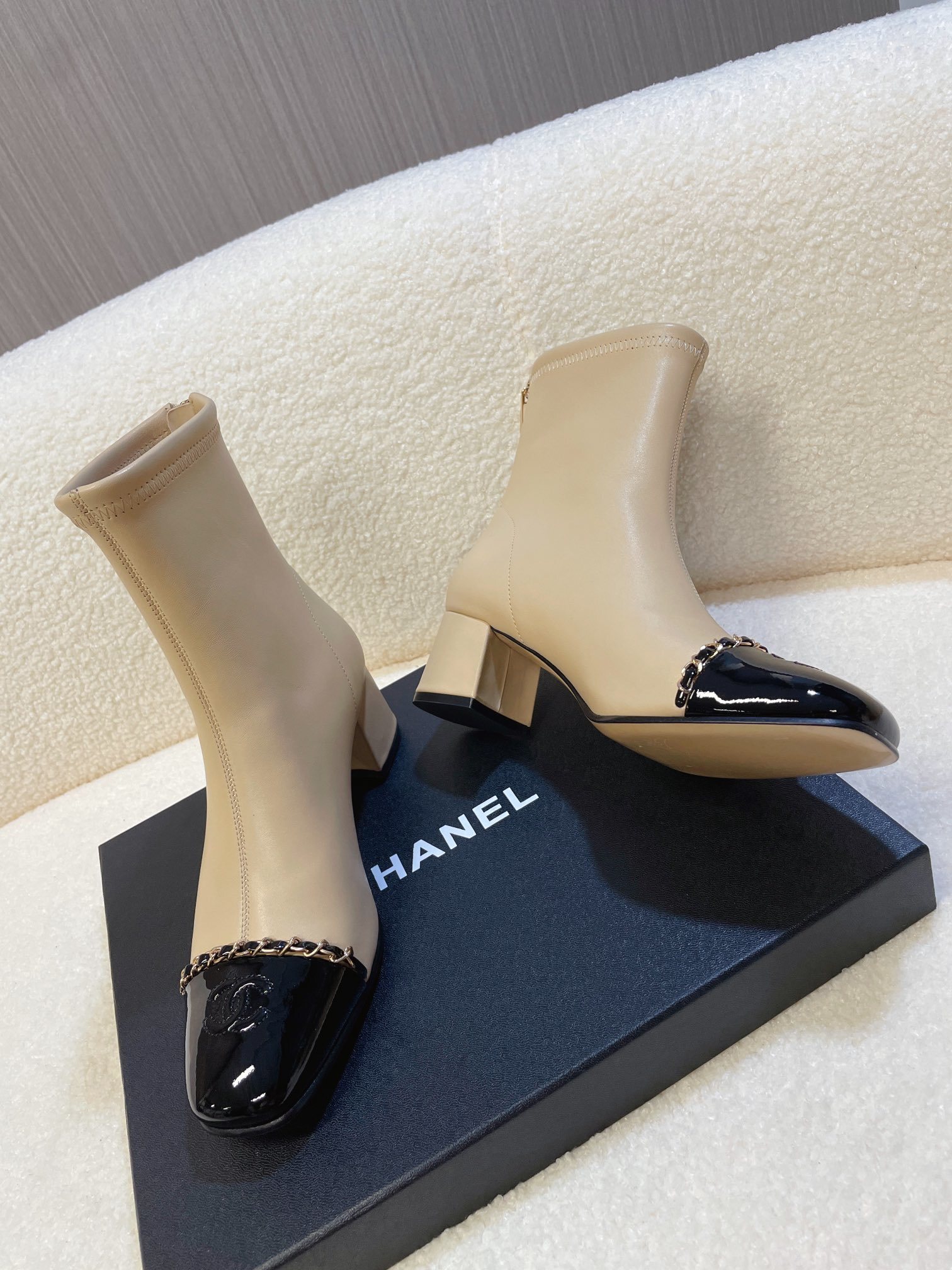 Chanel Two-Tone Beige & Black Leather Ankle Boots with Chain