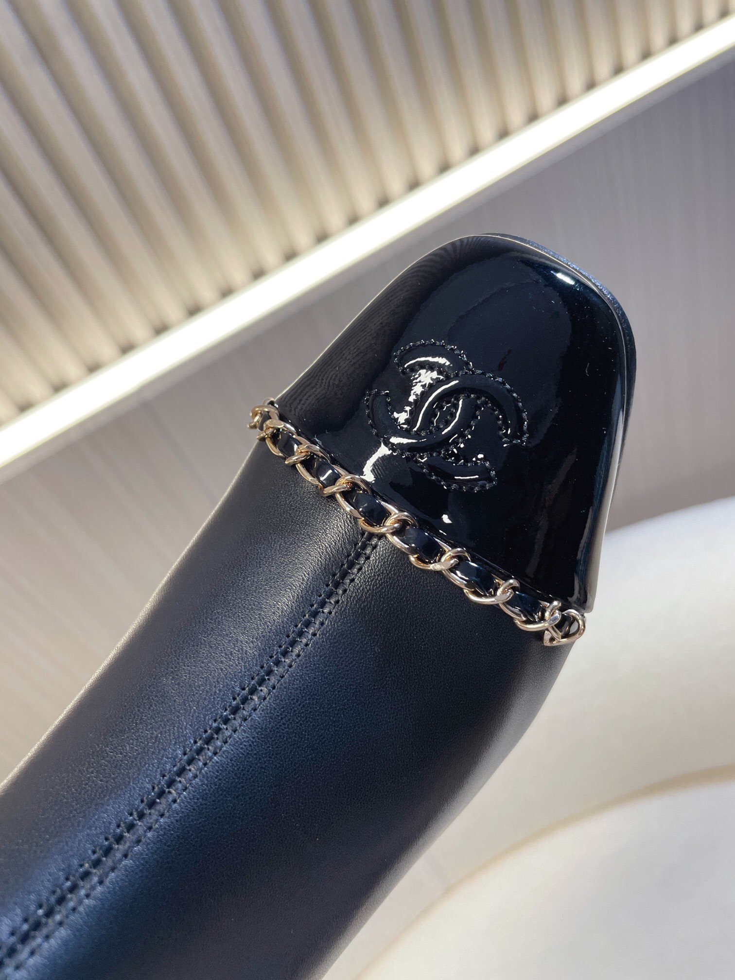 Chanel Black Leather Ankle Boots with Chain & Patent CC Cap Toe