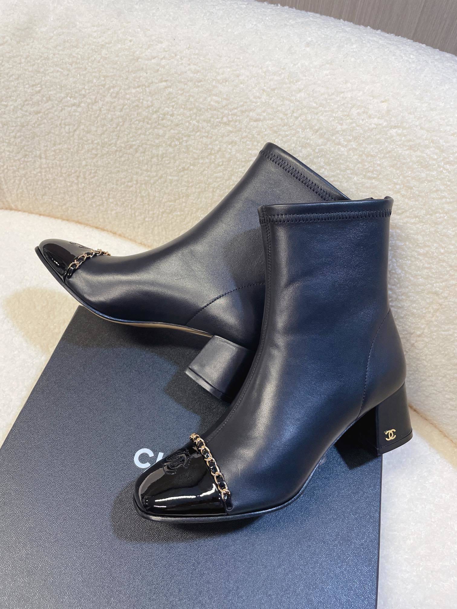 Chanel Black Leather Ankle Boots with Chain & Patent CC Cap Toe