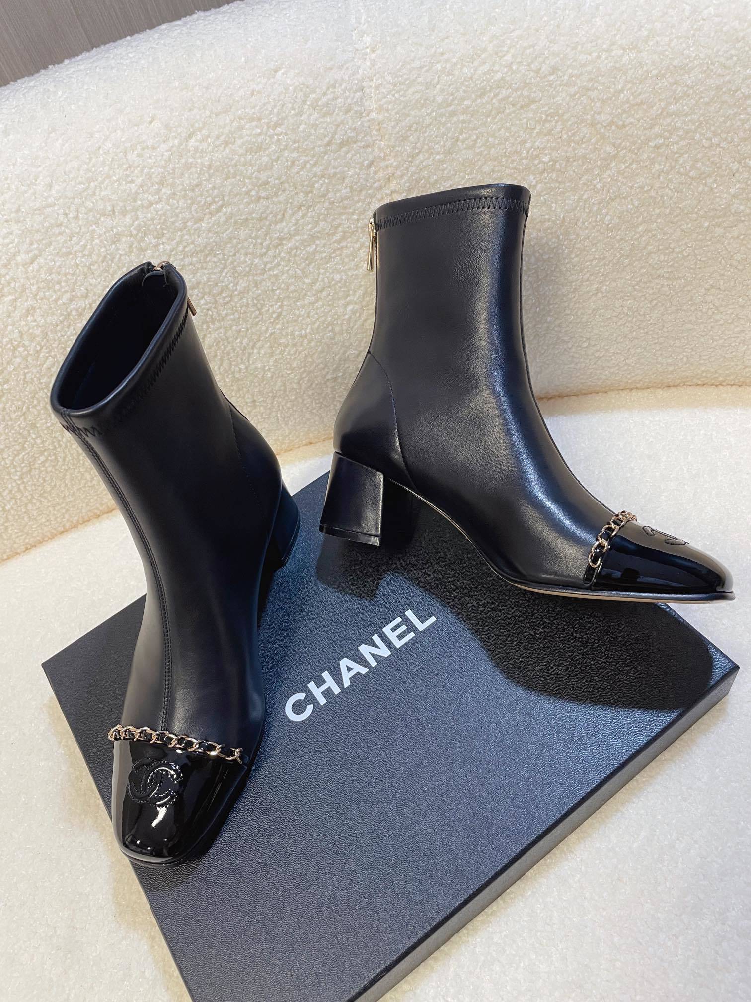 Chanel Black Leather Ankle Boots with Chain & Patent CC Cap Toe