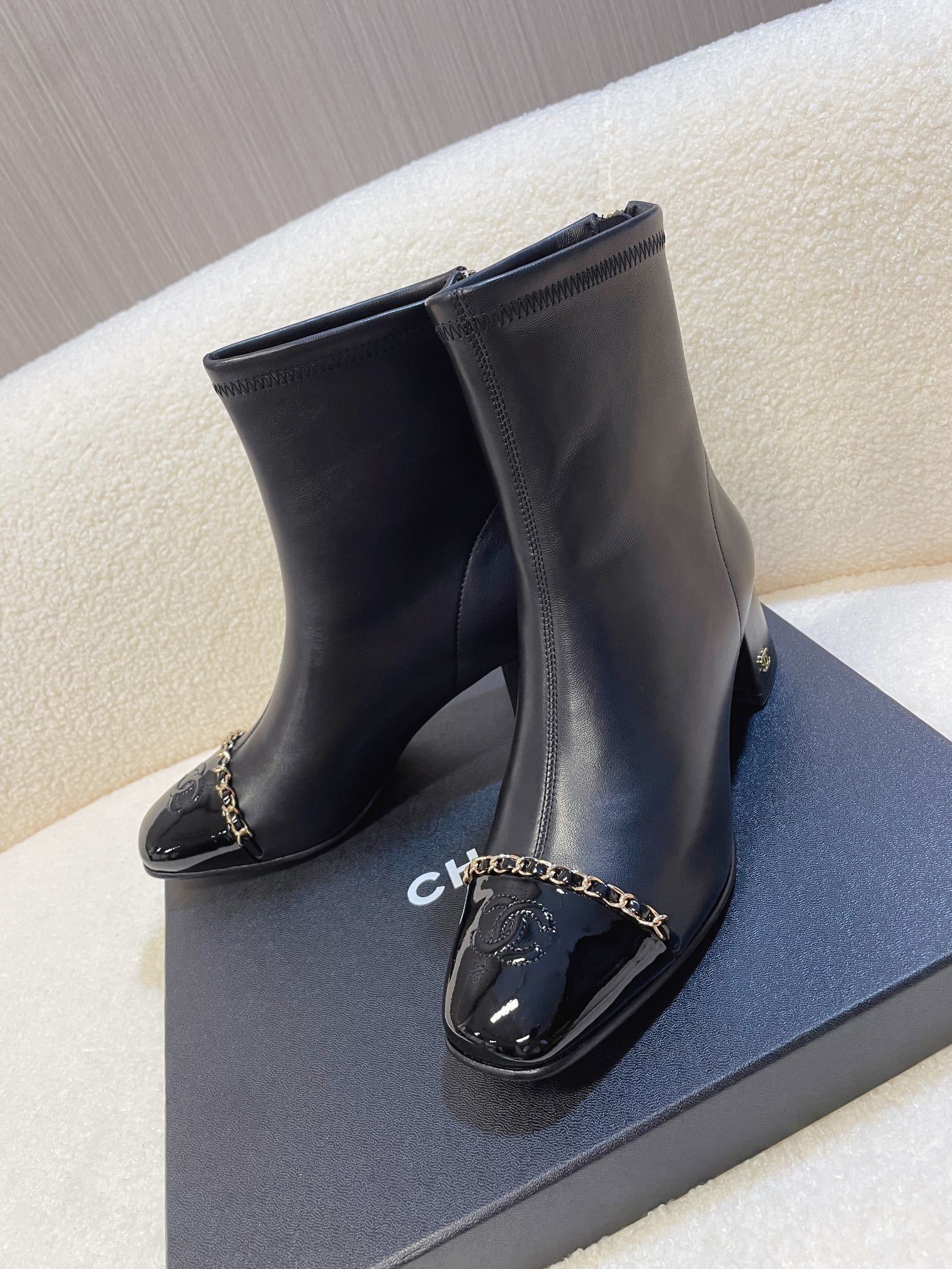 Chanel Black Leather Ankle Boots with Chain & Patent CC Cap Toe