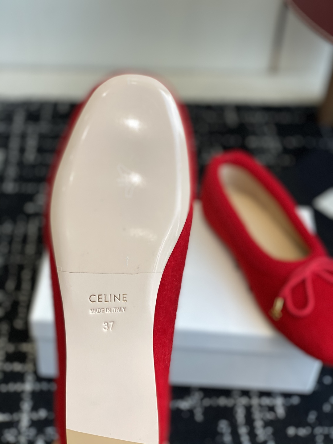 Celine Red Mohair Ballet Flats with Gold Triomphe Bow