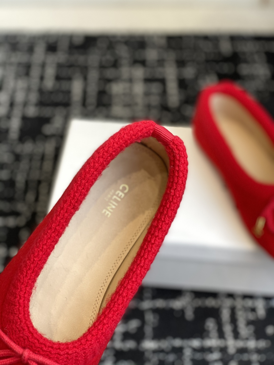 Celine Red Mohair Ballet Flats with Gold Triomphe Bow