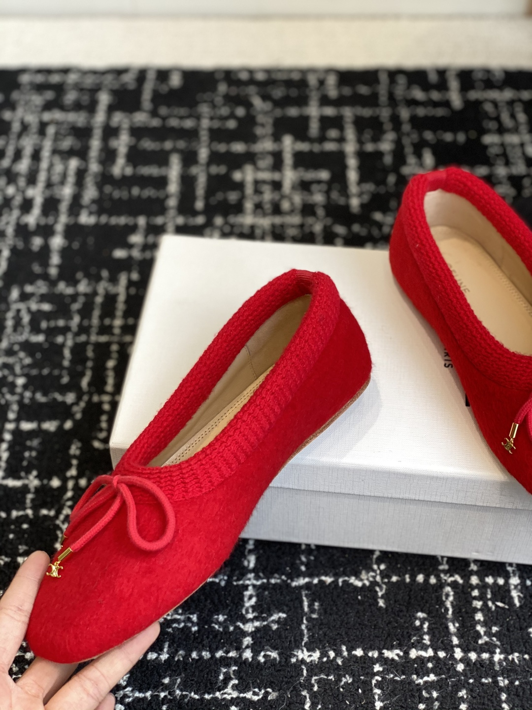 Celine Red Mohair Ballet Flats with Gold Triomphe Bow