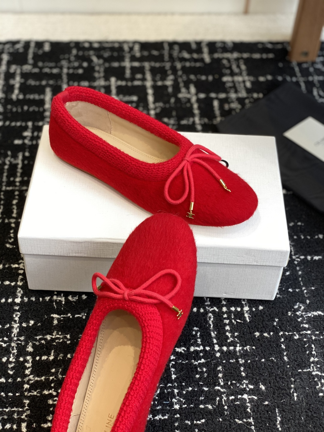 Celine Red Mohair Ballet Flats with Gold Triomphe Bow